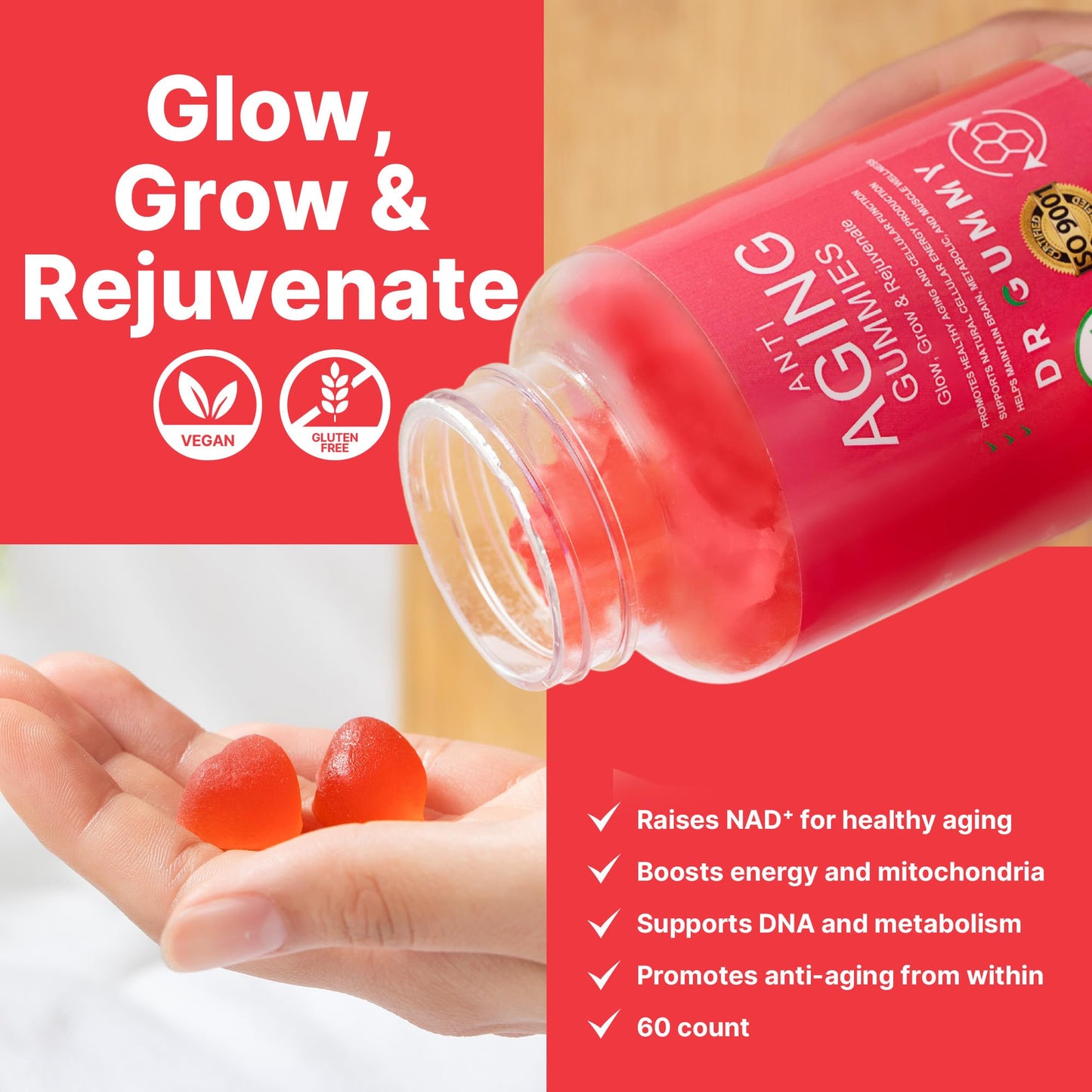 DR GUMMY Anti-Aging Gummies with Nicotinamide Riboside (NR) – NAD⁺ Support for Cellular Energy & Mitochondrial Health – Metabolism & Vitality Support – Strawberry Flavor, 60 Gummies