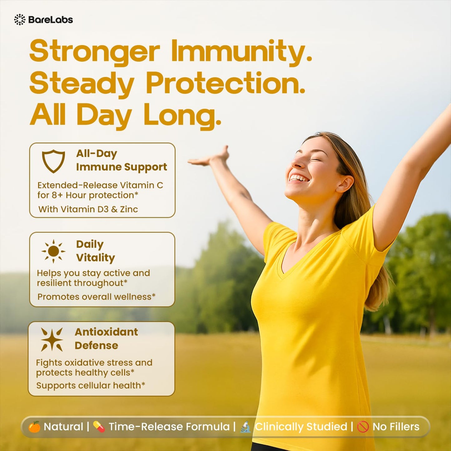 BareLabs Time Release Vitamin C 1000 mg + Vitamin D3 1000 IU + Zinc 30 mg 120 Tablets