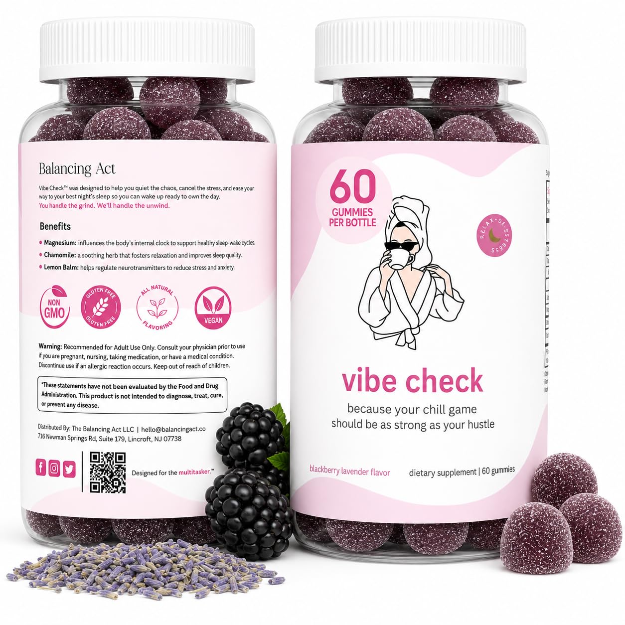 Balancing Act Vibe Check Magnesium Gummies for Women – Melatonin-Free Calm & Relaxation Support with Magnesium, Chamomile & Lemon Balm – BlackBerry Lavender, 60 Count
