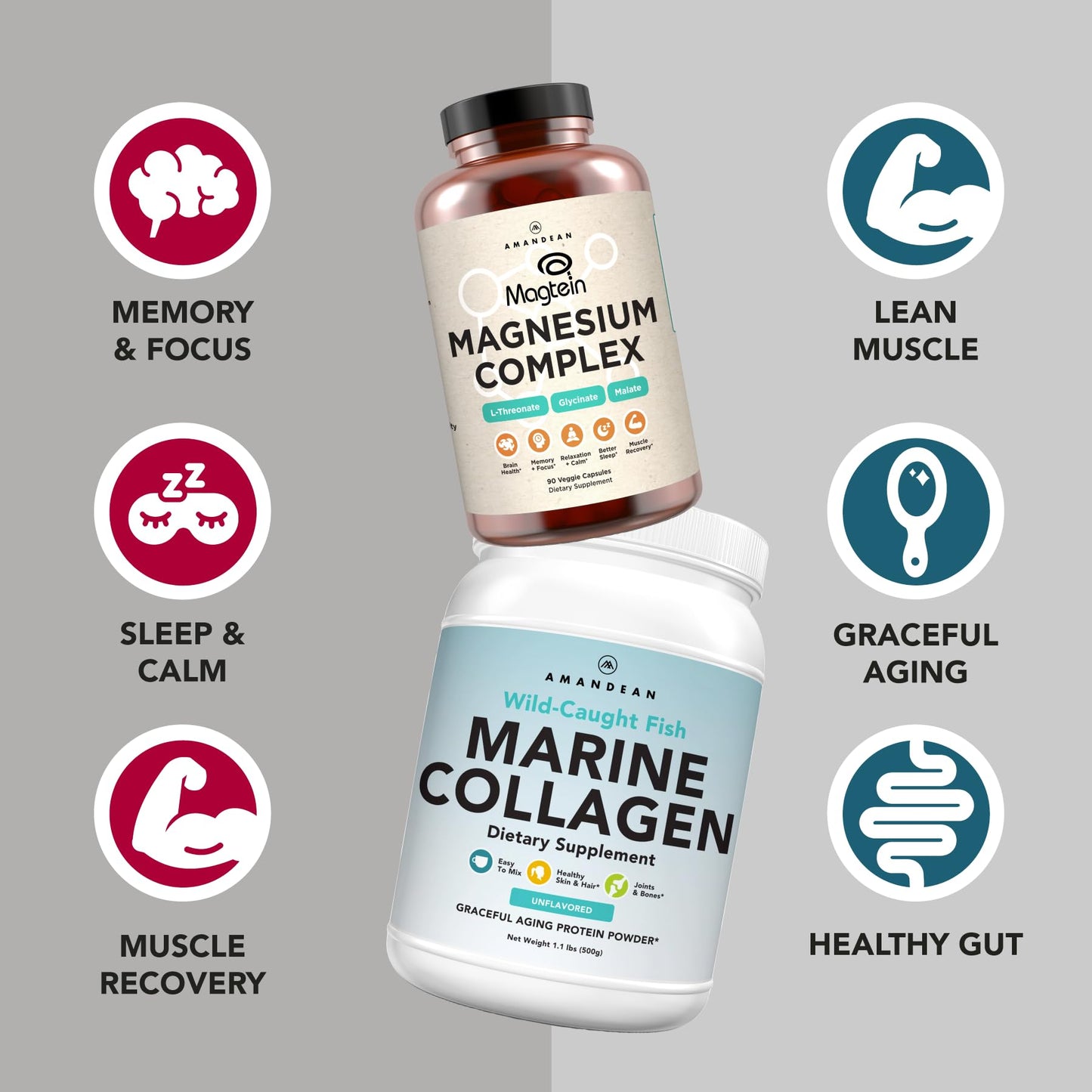 AMANDEAN Premium Magnesium Complex & Marine Collagen Bundle Capsules, 2-Pack