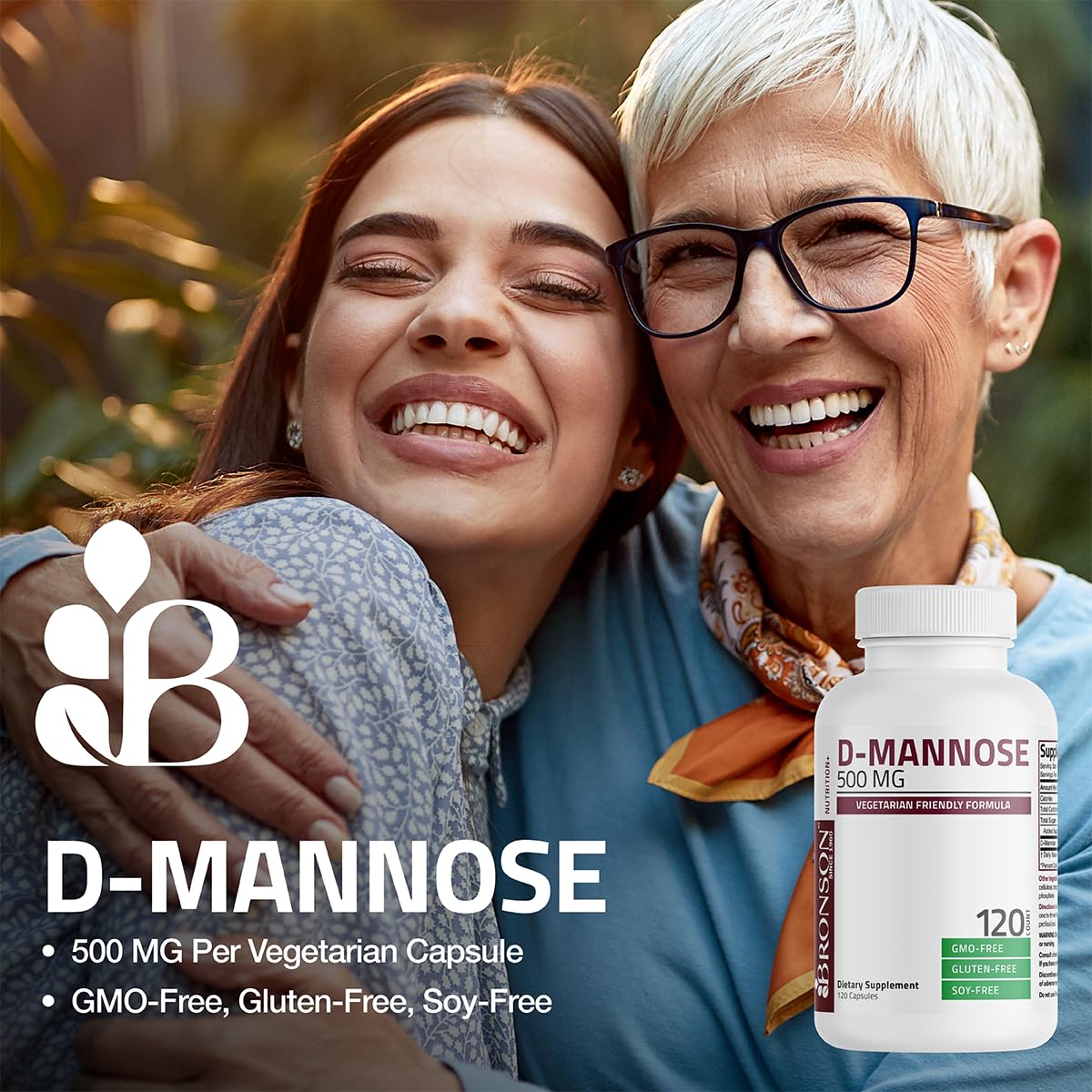 Bronson D-Mannose 500 mg Vegetarian Friendly Formula Non-GMO 120 Capsules