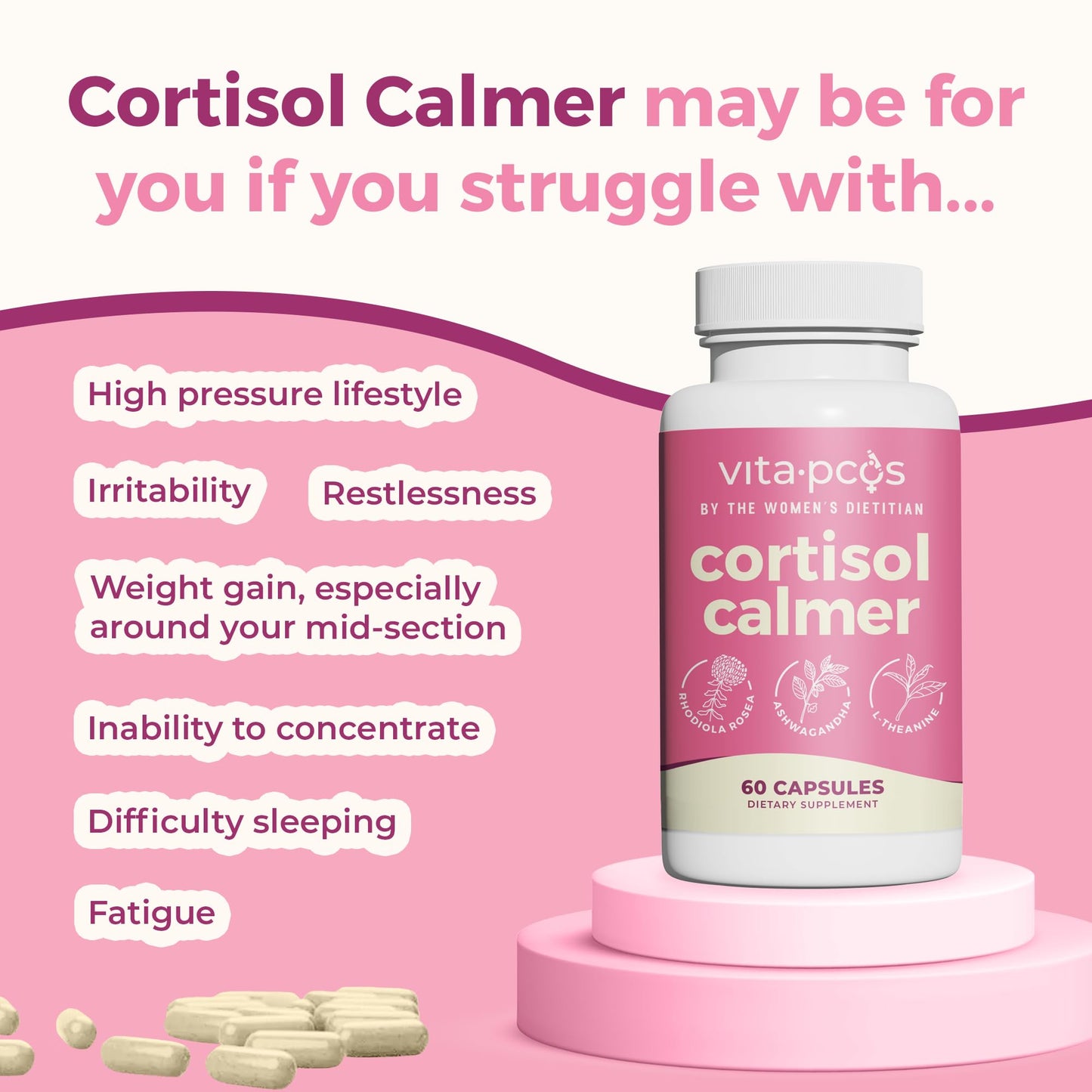 VITA-PCOS Cortisol Supplements for Women - Ashwagandha & Rhodiola Rosea Capsule, 1 Count