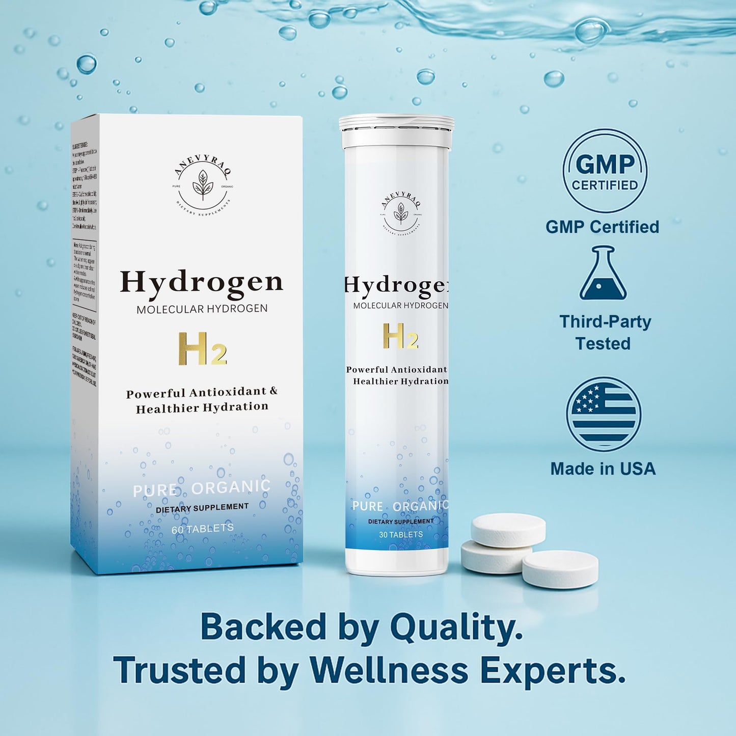 ANEVYRAQ Hydrogen Water Tablets with Magnesium – H2 Molecular Hydrogen Tablets for Drinking Water – 60 Tablets