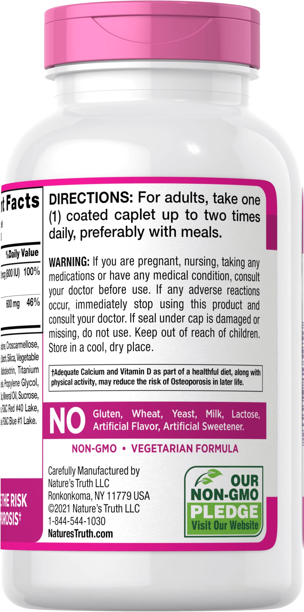 Nature's Truth Calcium 600 mg + D3 Dietary Supplement 500 Tablets