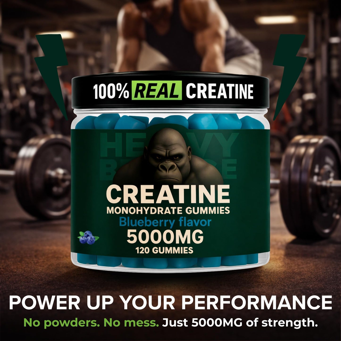 Heavy Balance Creatine Monohydrate Gummies Sugar Free with Vitamin B12 and L-Taurine, Blueberry, 120 Count