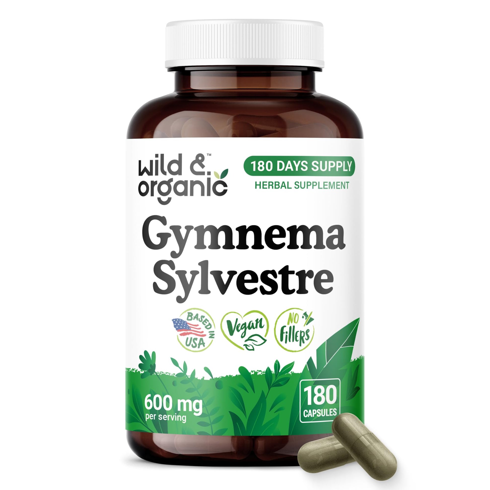 Wild & Organic Gymnema Sylvestre Capsules 600 mg, 180 Count