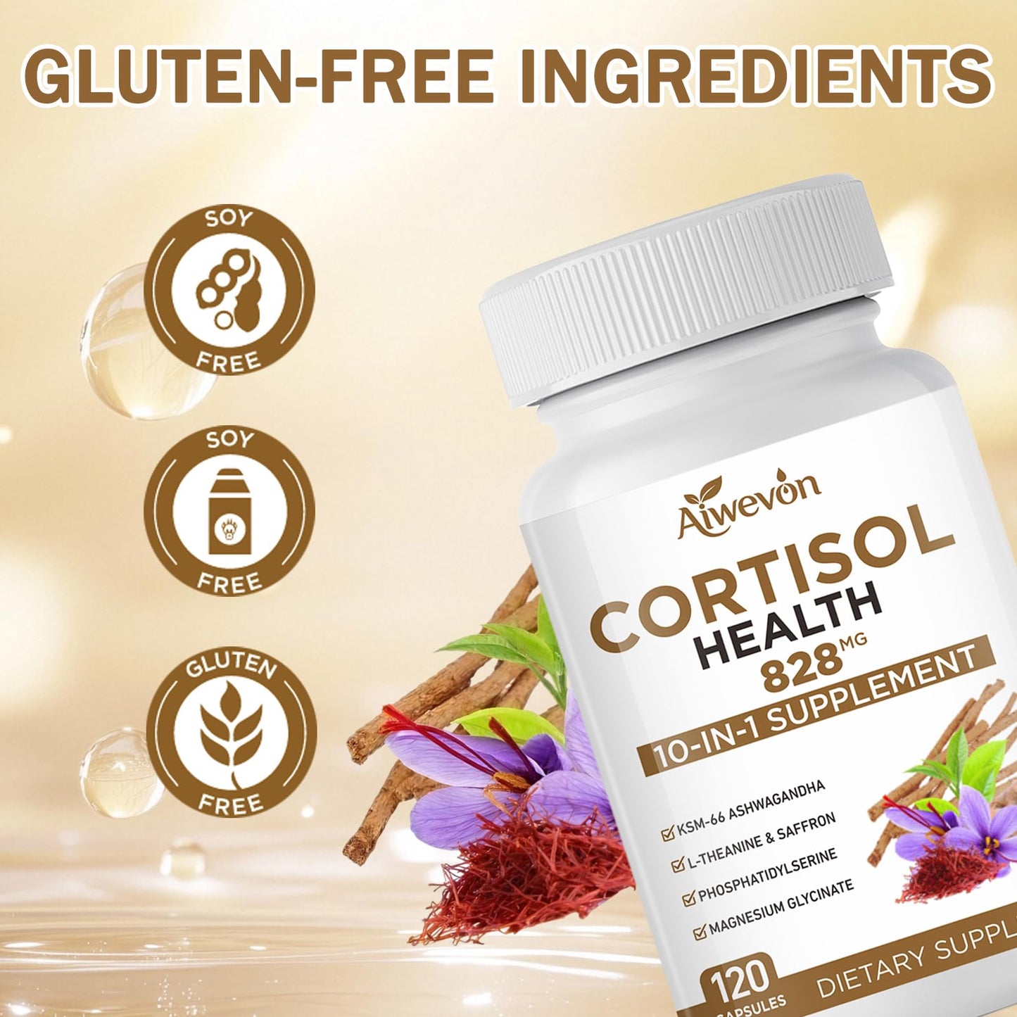 Aiwevon Cortisol Support Supplement with Ashwagandha KSM-66, L-Theanine, Magnesium Glycinate Gummies, 60 Count