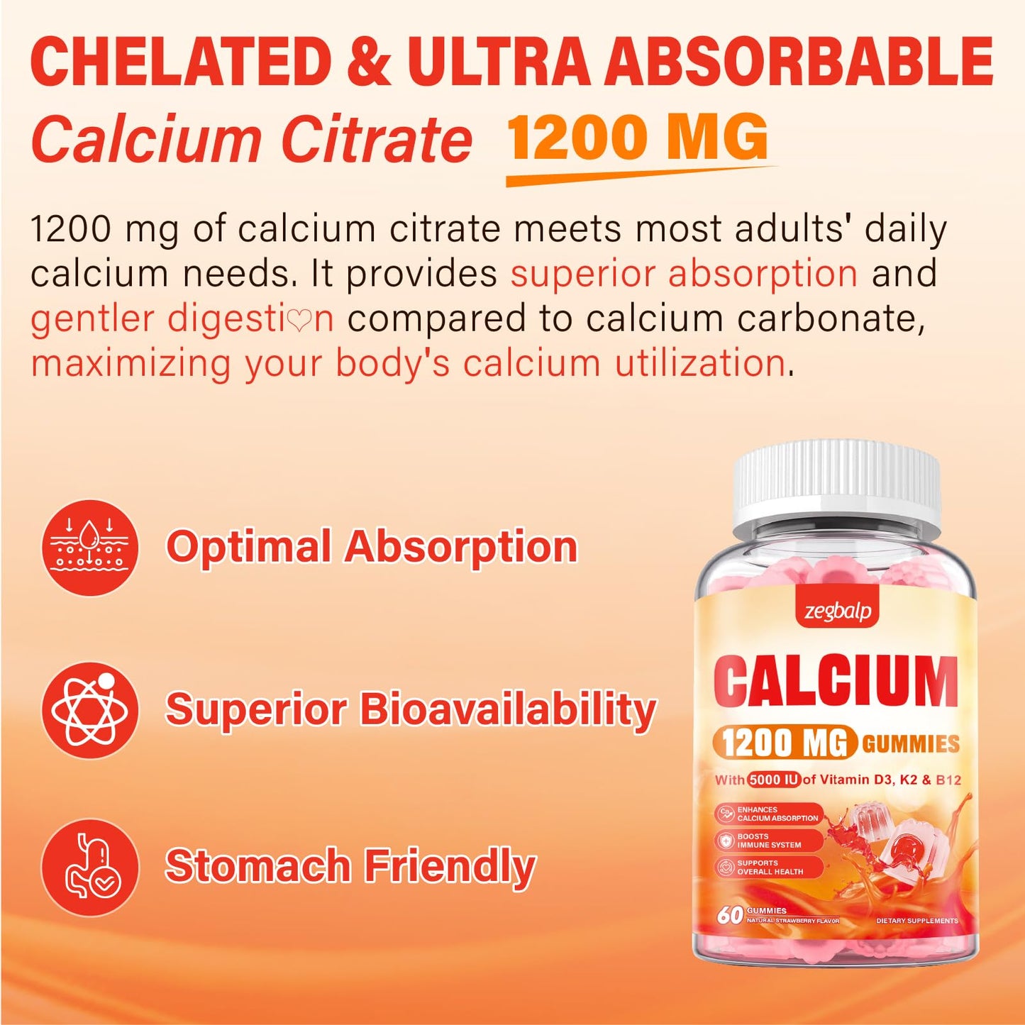ZEGBALP Calcium 1200 mg with Vitamin D3 Supplement for Adults Gummies, 60 Count