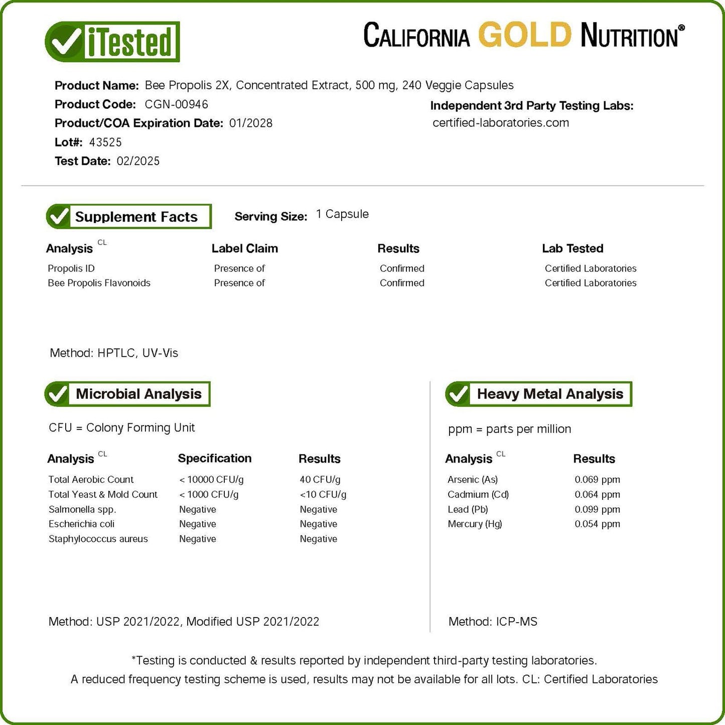 California Gold Nutrition Bee Propolis 2X Potency, Concentrated Extract 500 mg, Equivalent to 1000 mg of Natural Propolis, Support Immune Health & Vitality*, Capsules, 240