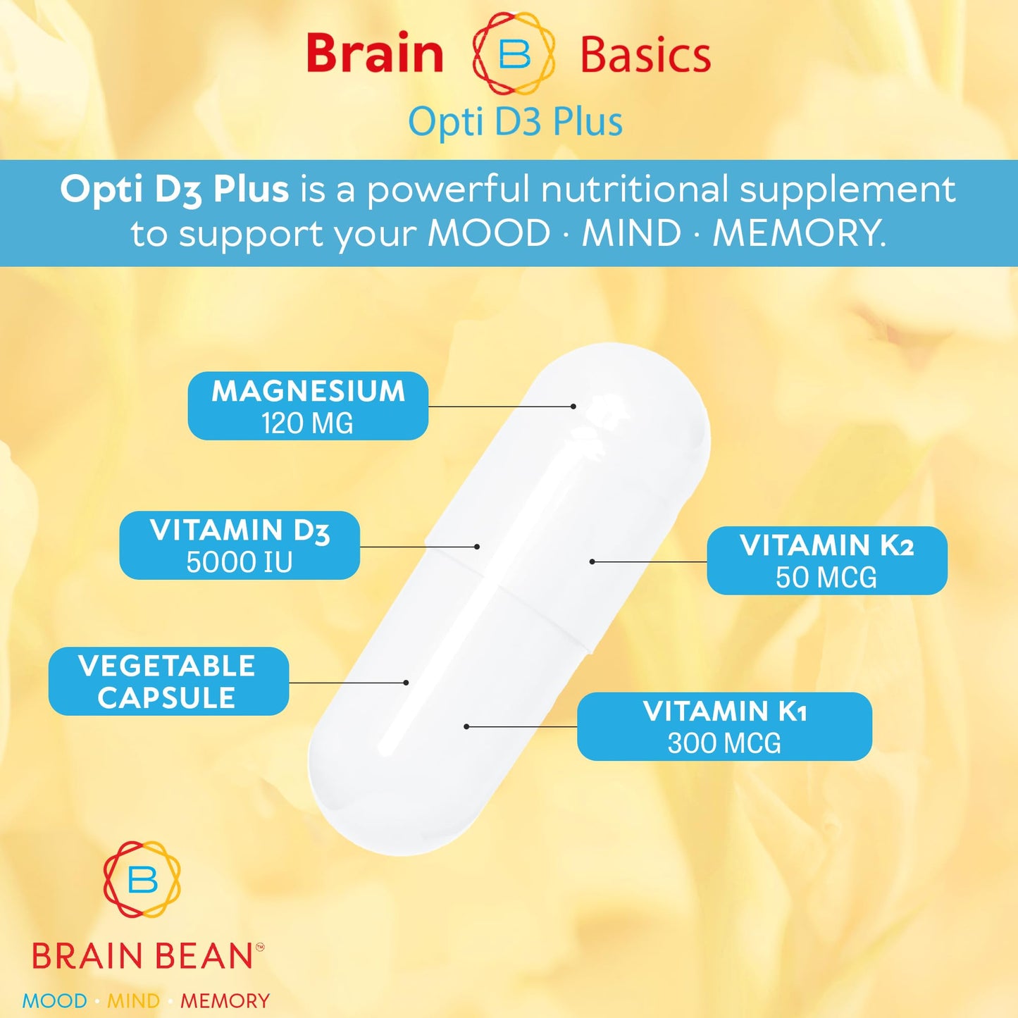 Brain Bean Brain Basic Opti D3 Plus Vitamin D3 5000 IU with K1, K2, and Magnesium Capsule 90 Count