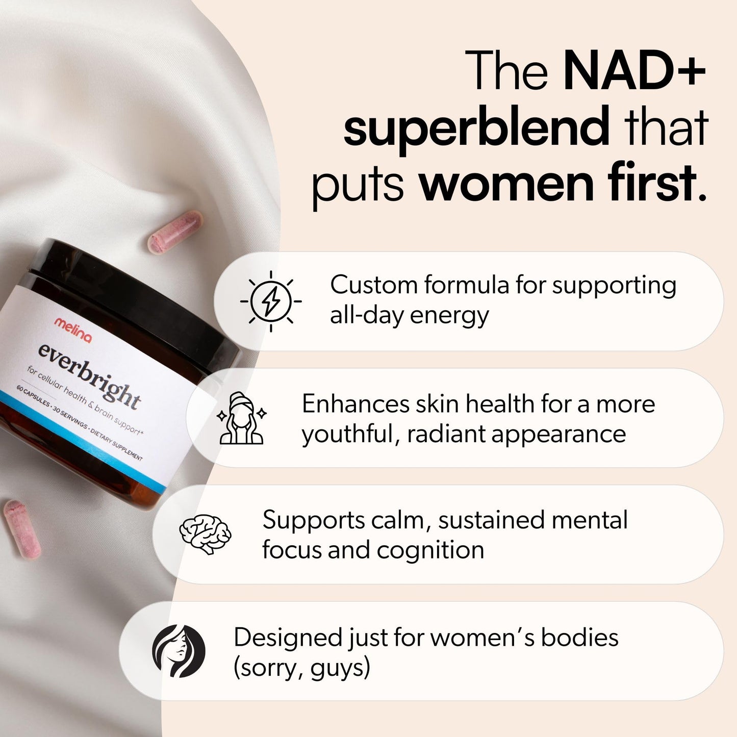Melina Everbright NAD+ Supplement for Women 40+ - Nicotinamide Riboside NR, Citicoline, Pterostilbene & Astaxanthin - Supports Cellular Energy, Focus & Healthy Aging, 60 Capsules