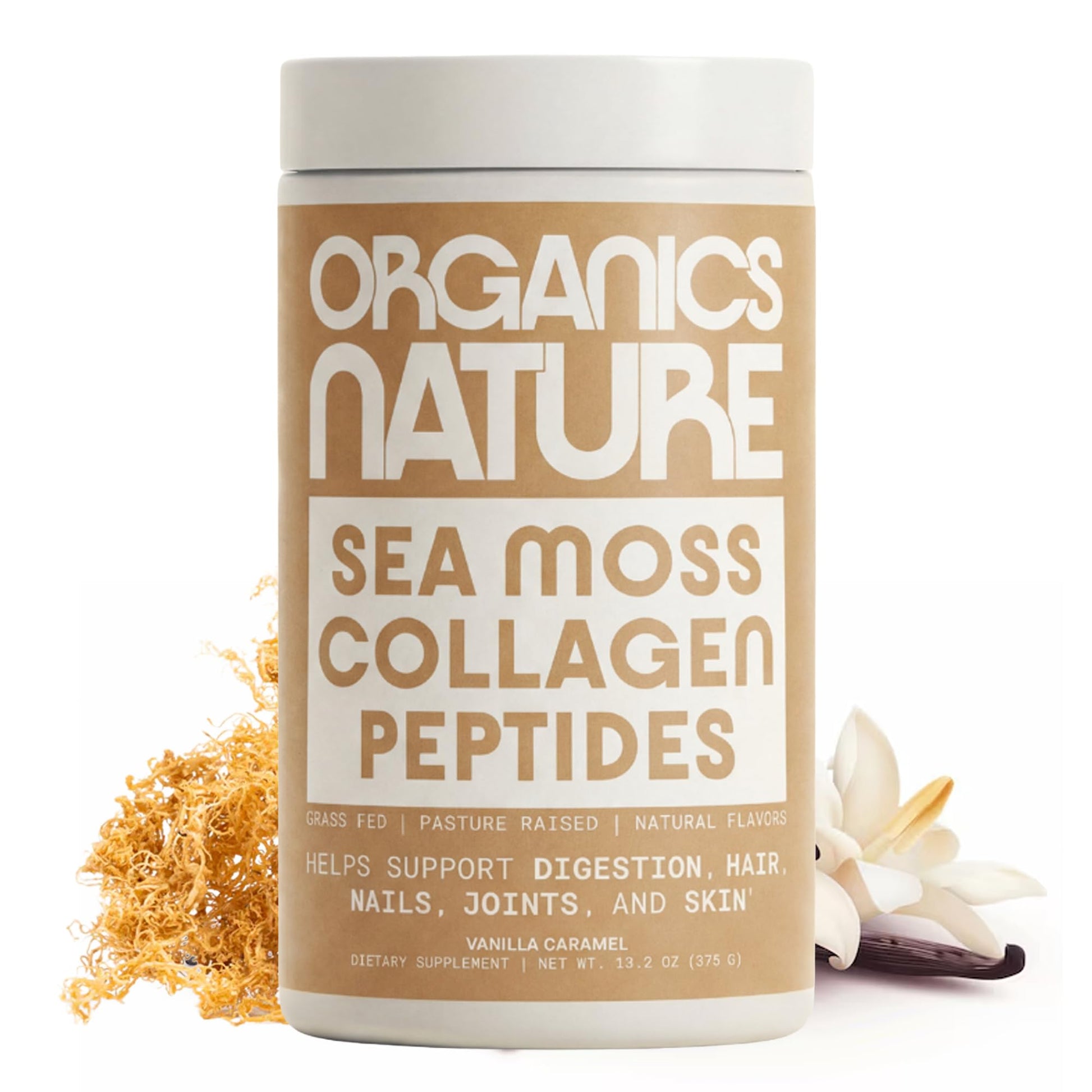 ORGANICS NATURE Collagen Peptides Powder with Irish Sea Moss Vanilla Caramel Flavored, Naturally Sourced Hydrolyzed Collagen with Biotin for Hair, Skin, Nail, and Joint Support, 13.9 oz