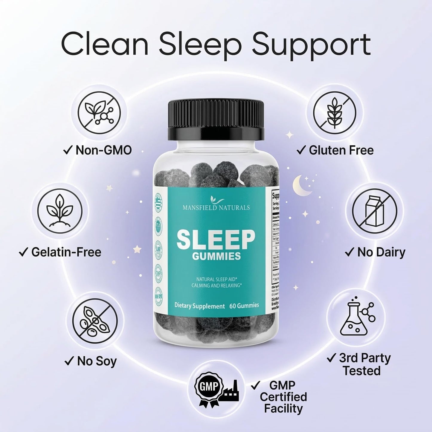 Mansfield Naturals Sleep Gummies with Melatonin, L-Theanine & Botanicals, Gummy, 60 Count