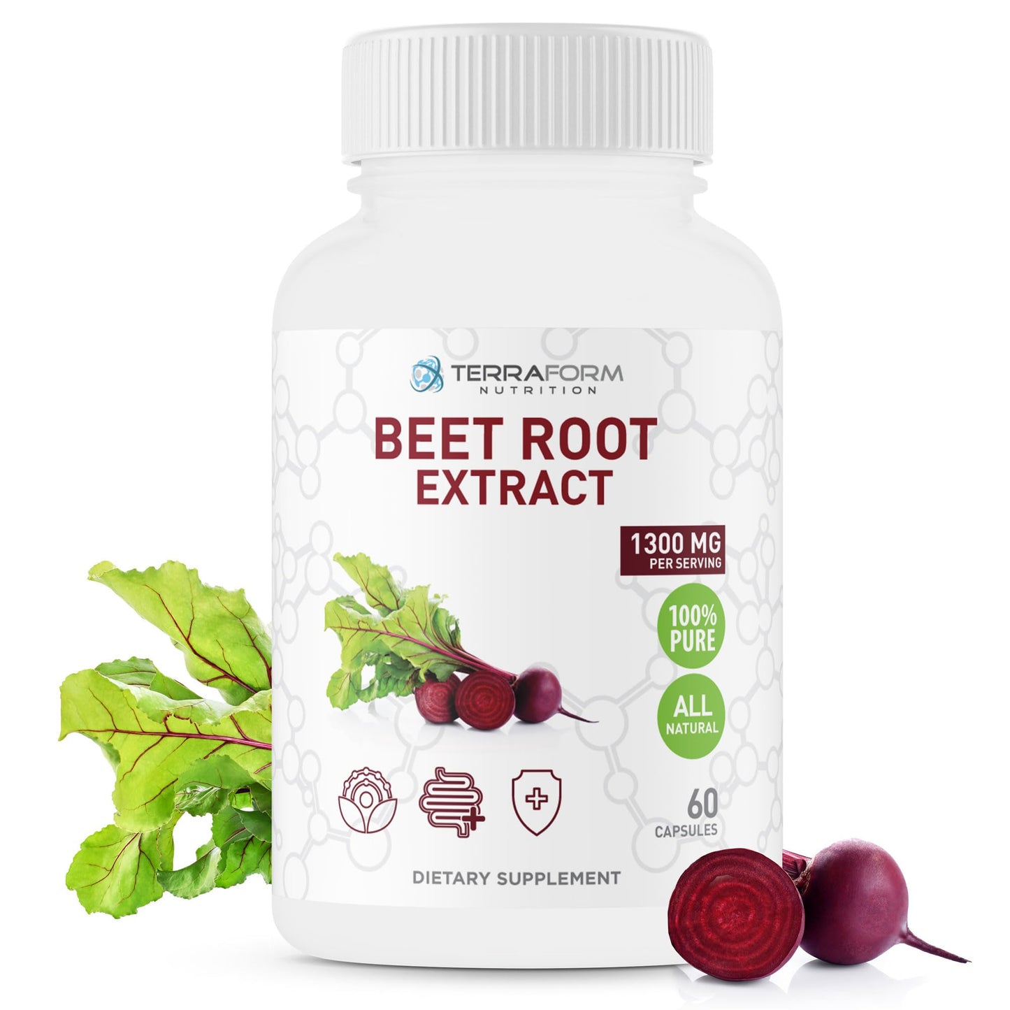 TerraForm Nutrition Red Beetroot Extract 1300mg per Serving – Powdered Beetroot Supplement Capsules 60