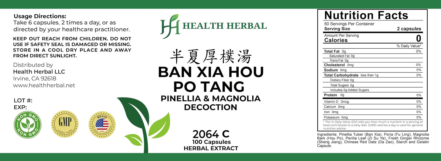 Health Herbal Ban Xia Hou Po Tang/Pinellia & Magnolia Decoction, 100 Capsules