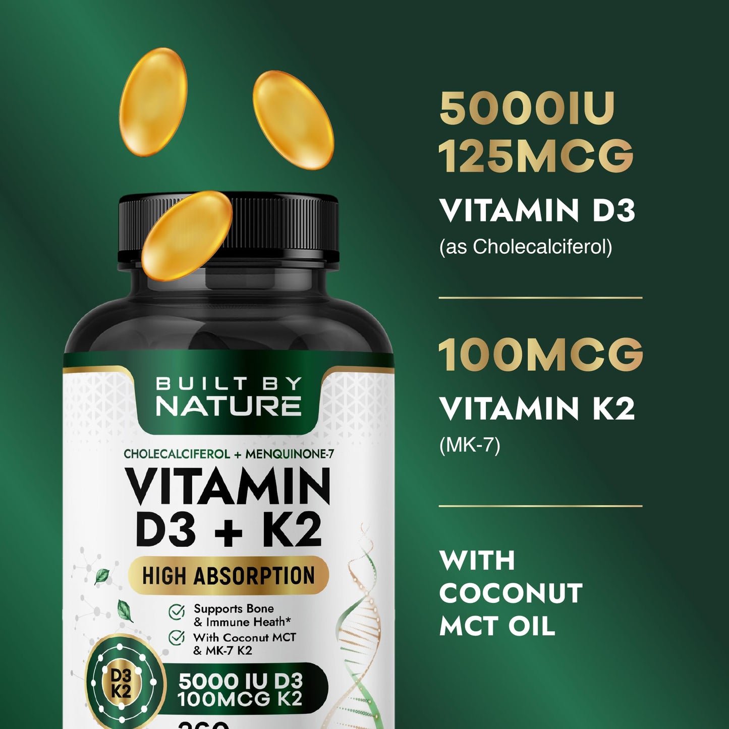 Built by Nature Vitamin D3 K2, 5000 IU + 100 mcg MK-7 Softgels, 360 Count