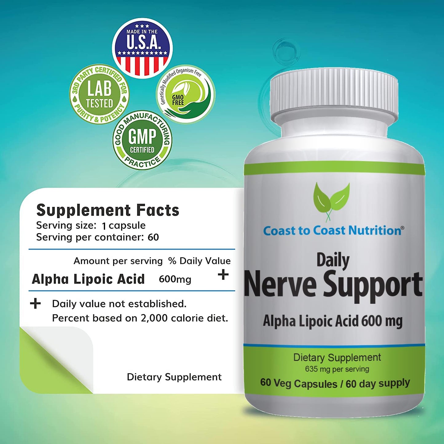 Coast to Coast Nutrition Nerve Support Advanced Nerve Relief with Alpha Lipoic Acid 600 mg Capsule, 60 Count