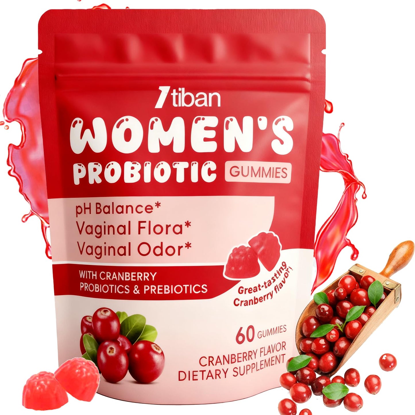 Itiban Vaginal Probiotics Gummies for Women, Premium Feminine pH Balance, Yeast Balance & Flora + Vitamin C for Immune Support, Cranberry Flavor, 60 Gummies