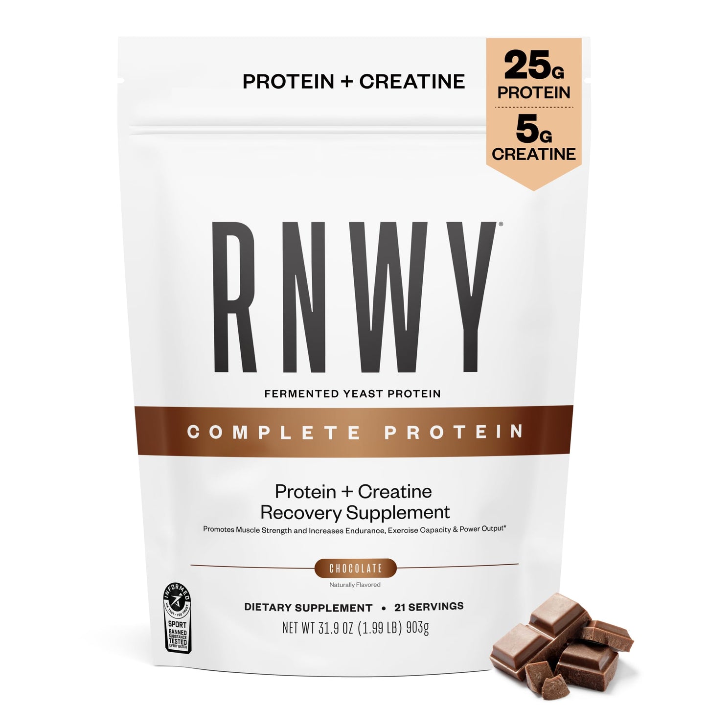 RNWY Complete Protein Powder, 25g Yeast Protein + 5g Creatine Monohydrate, Vegan, Dairy-Free, Informed Sport Certified, Post-Workout Recovery for Endurance Athletes, Chocolate, 21 Servings