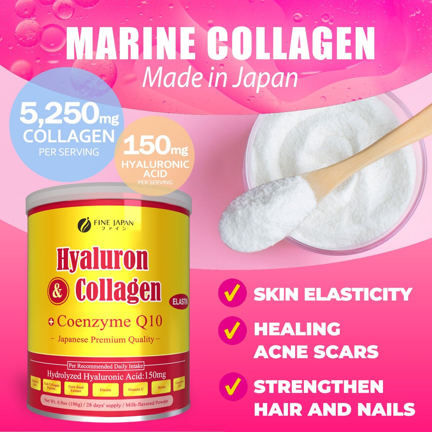 FINE JAPAN Marine Collagen Powder with Hyaluronic Acid, CoQ10 & Elastin, Set of 2