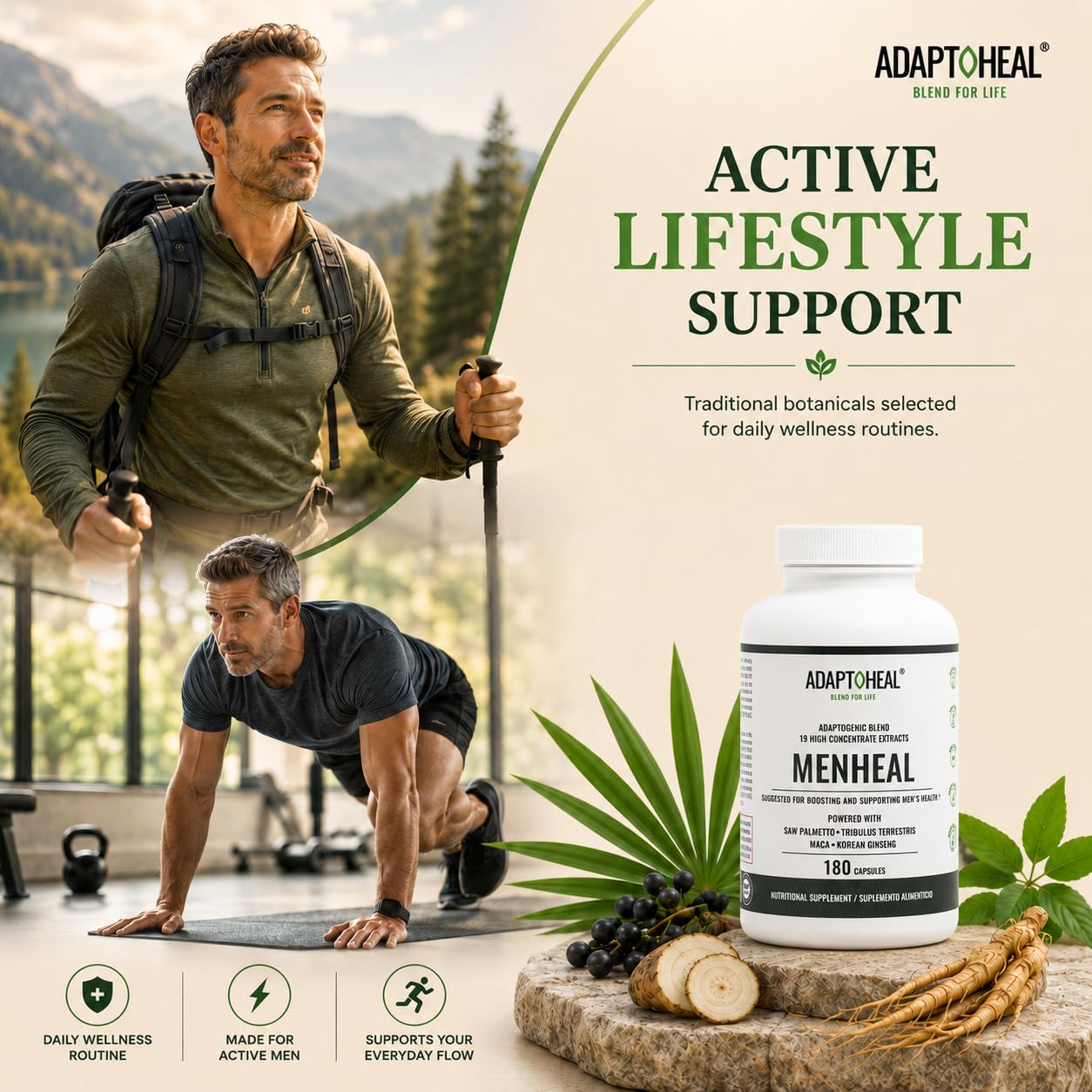 ADAPTOHEAL Urinary Health and Prostate Support Supplement for Men with Saw Palmetto, Tribulus Terrestris, Maca and Korean Ginseng Capsules 180 Count