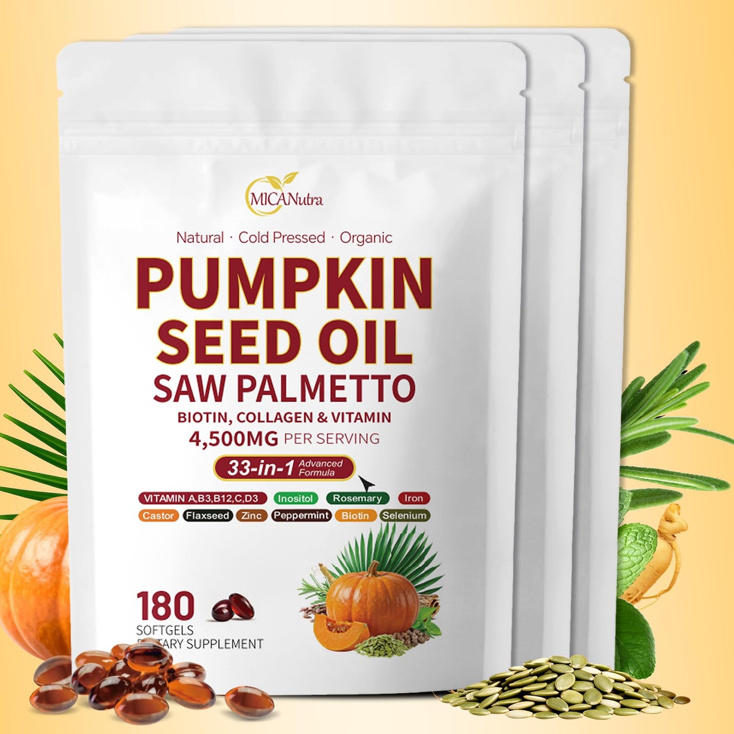 MicaNutra Pumpkin Seed Oil with Saw Palmetto Softgels, 180 Count