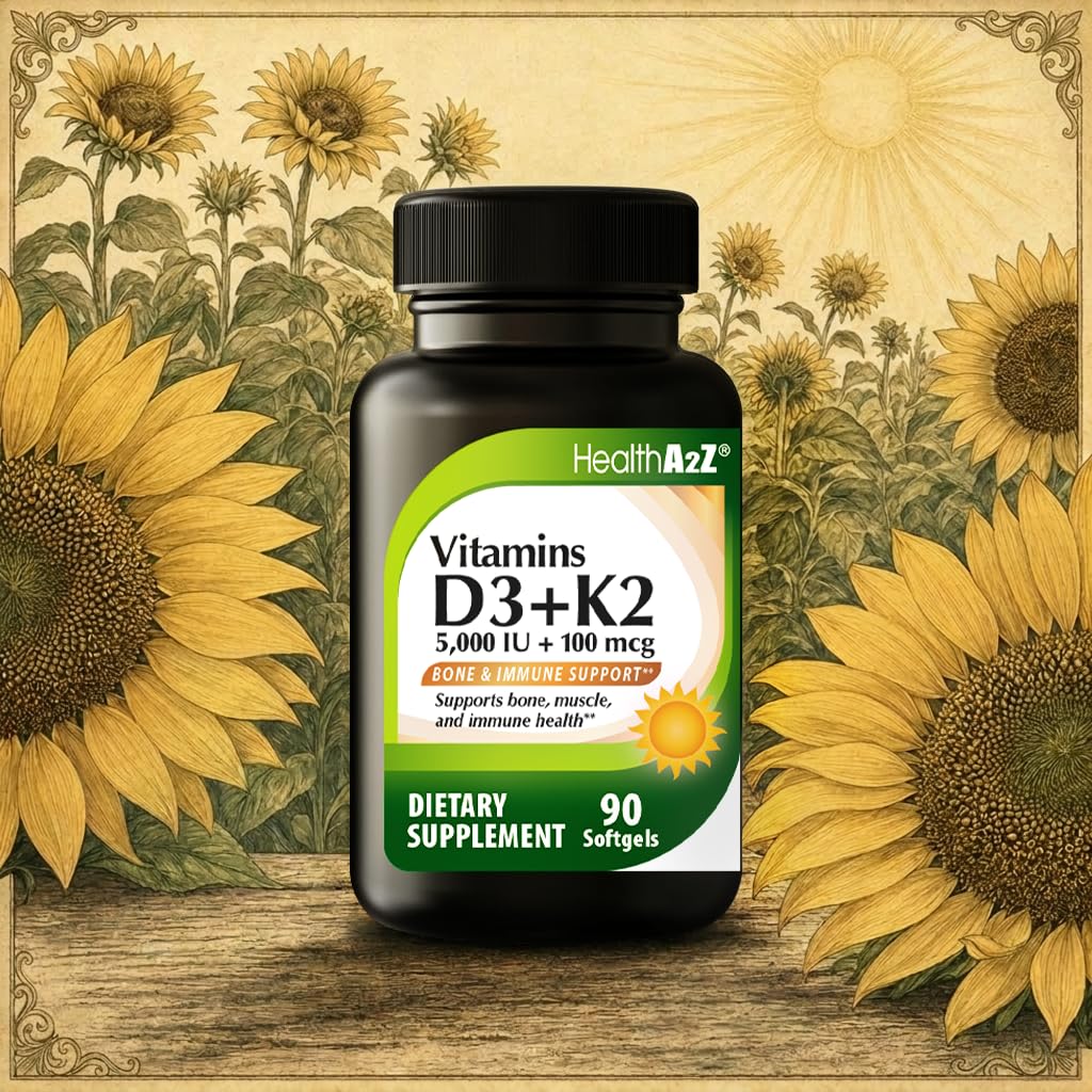 HealthA2Z Vitamin D3 (5,000 IU) + K2 (100 mcg) Softgels, 90 Count