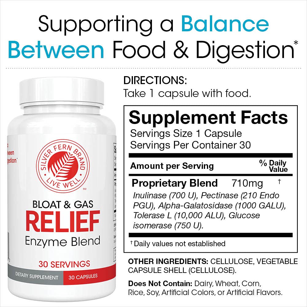 Silver Fern Bloat & Gas Relief Digestive Enzyme Blend Capsules 30 Count