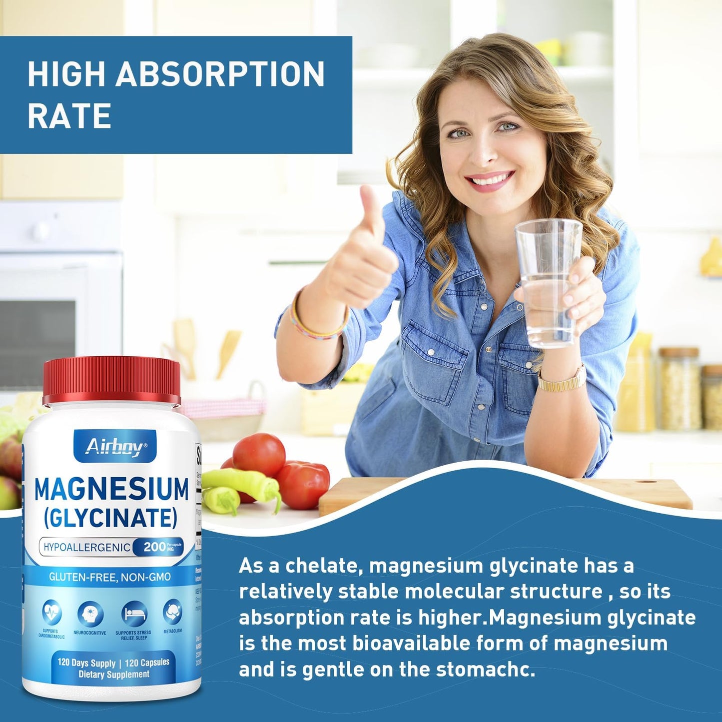 Airboy Magnesium Glycinate 200 mg Capsules, 120 Count