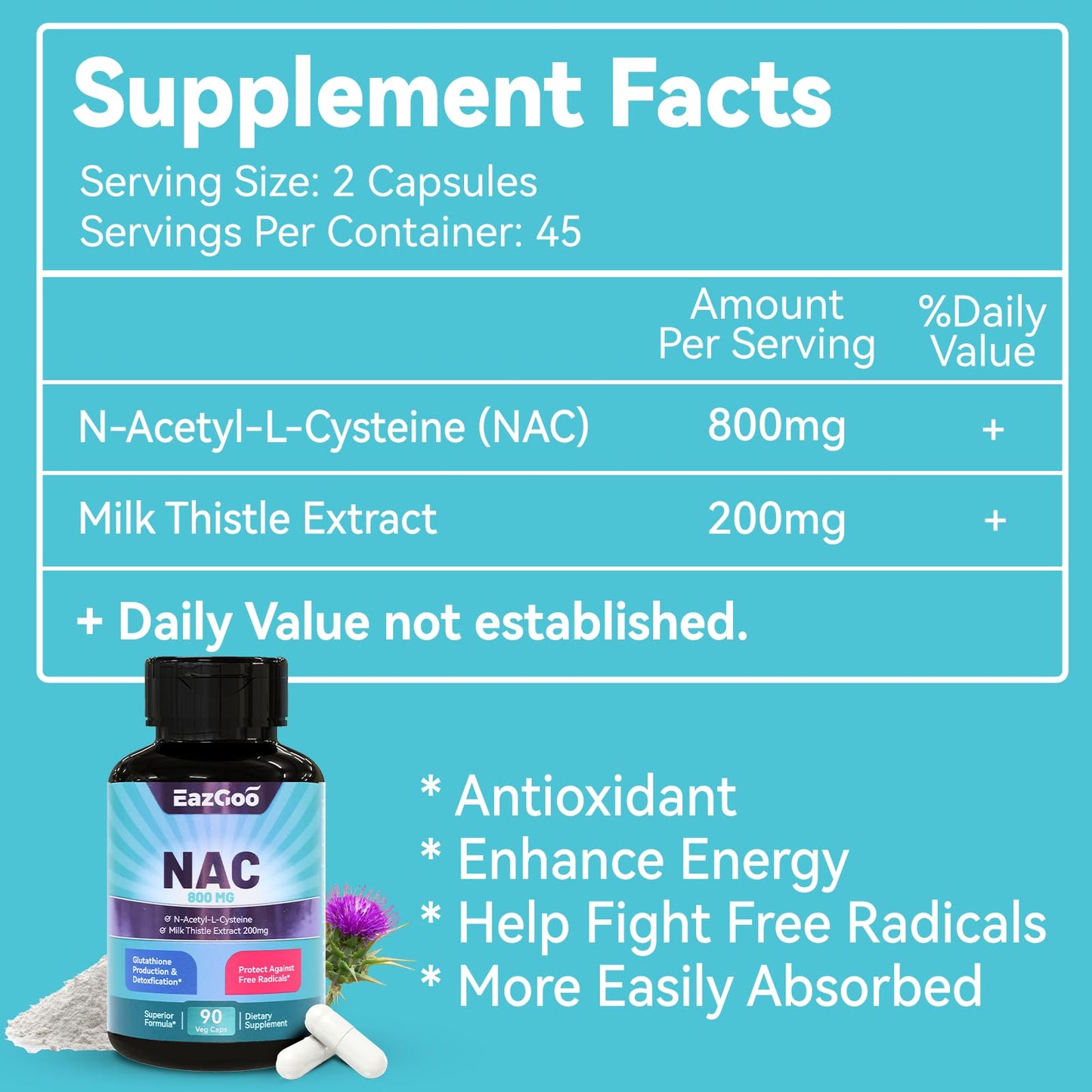 EAZGOO NAC (N-Acetyl Cysteine) Capsules 800mg with Milk Thistle 200mg, Antioxidant Support, Vegan, GMOs-Free, 90 Capsules