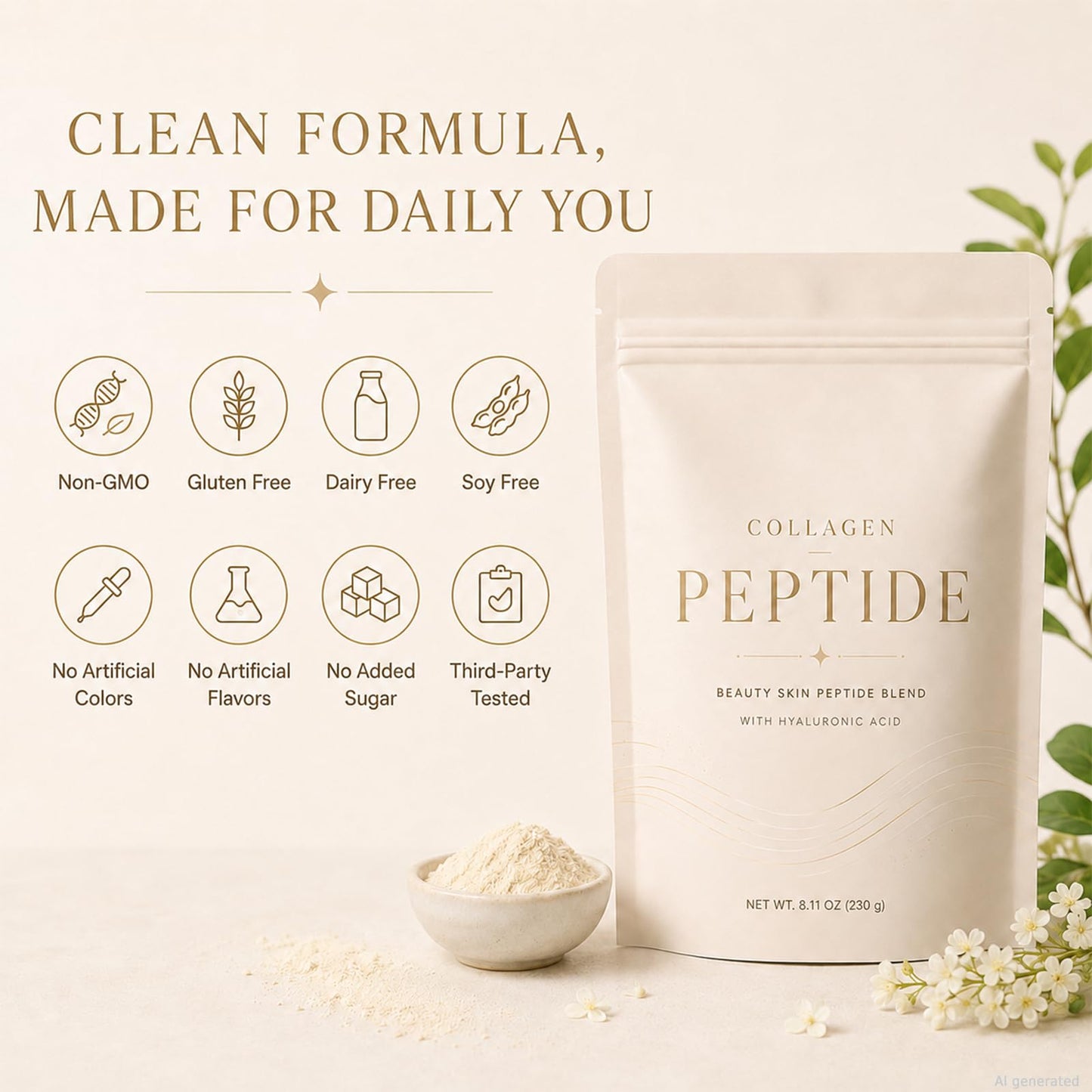 Generic Collagen Peptide with Hyaluronic Acid Beauty Skin Peptide Blend Powder 7.9 Ounce