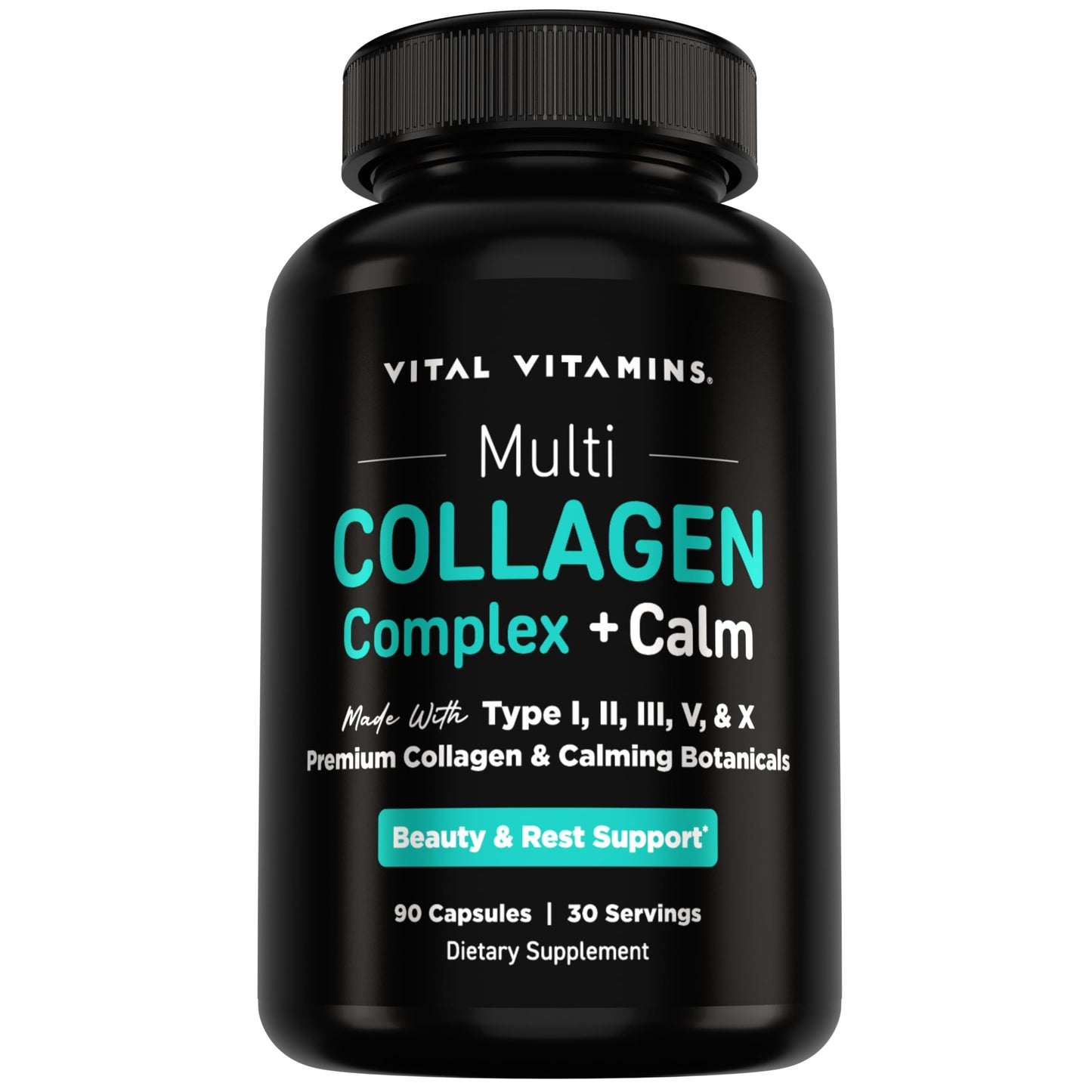 Vital Vitamins Multi Collagen Complex + Calm - 5 Collagen Types (I, II, III, V & X) for Skin, Hair, Nails & Joints - L-Theanine, Ashwagandha & Magnesium Glycinate - Melatonin-Free Relaxation - 90 Capsules