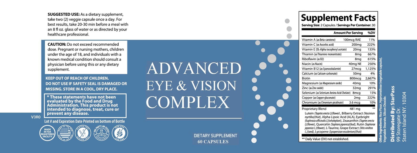StarPass Labs Complete Research Vision Formula Advanced Eye Health Vitamin & Mineral Supplement with Bilberry, Lutein, Zeaxanthin, Lycopene, Resveratrol for Eye Strain & Dry Eyes, 180 Capsules