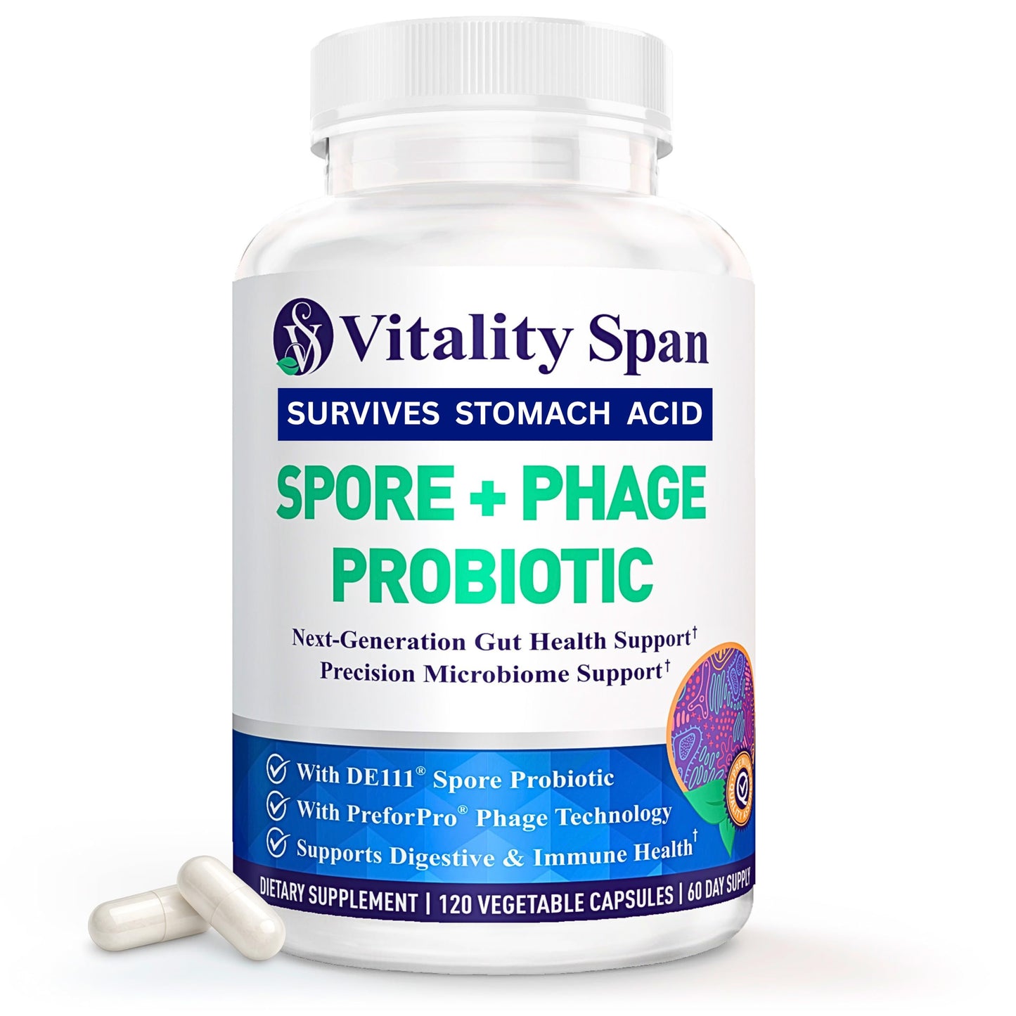 Vitality Span Spore Probiotic for Women & Men, Bacillus Subtilis Plus Advanced Phage, Delayed Release Capsules, 120 Count
