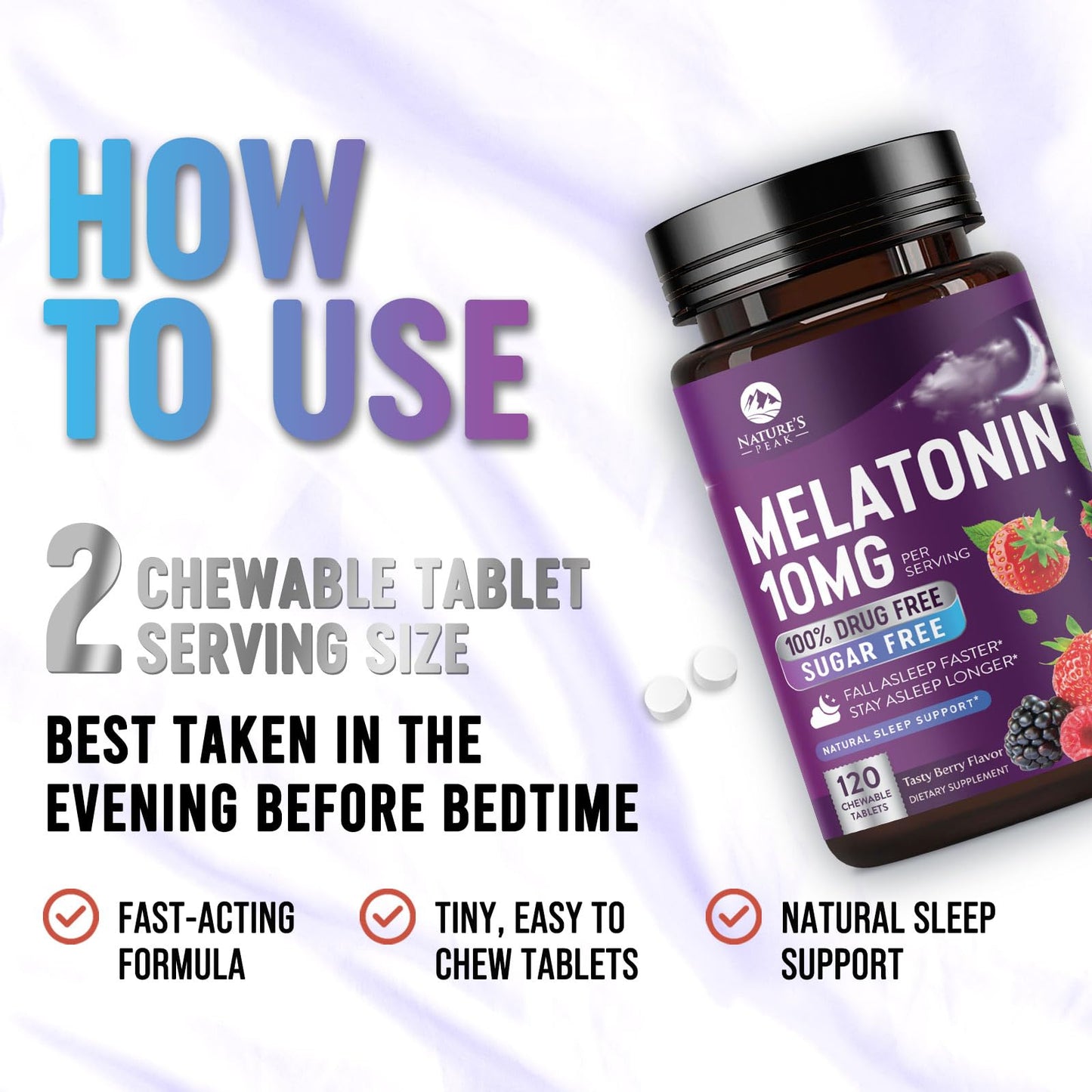 Nature's Peak Melatonin Sleep Support Supplements Chewable 120 Count