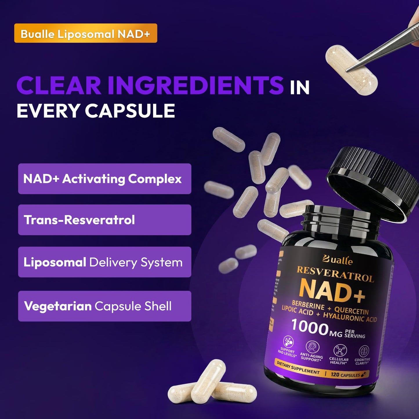 Bermellon Liposomal NAD Resveratrol Supplement Capsule, 120 Count