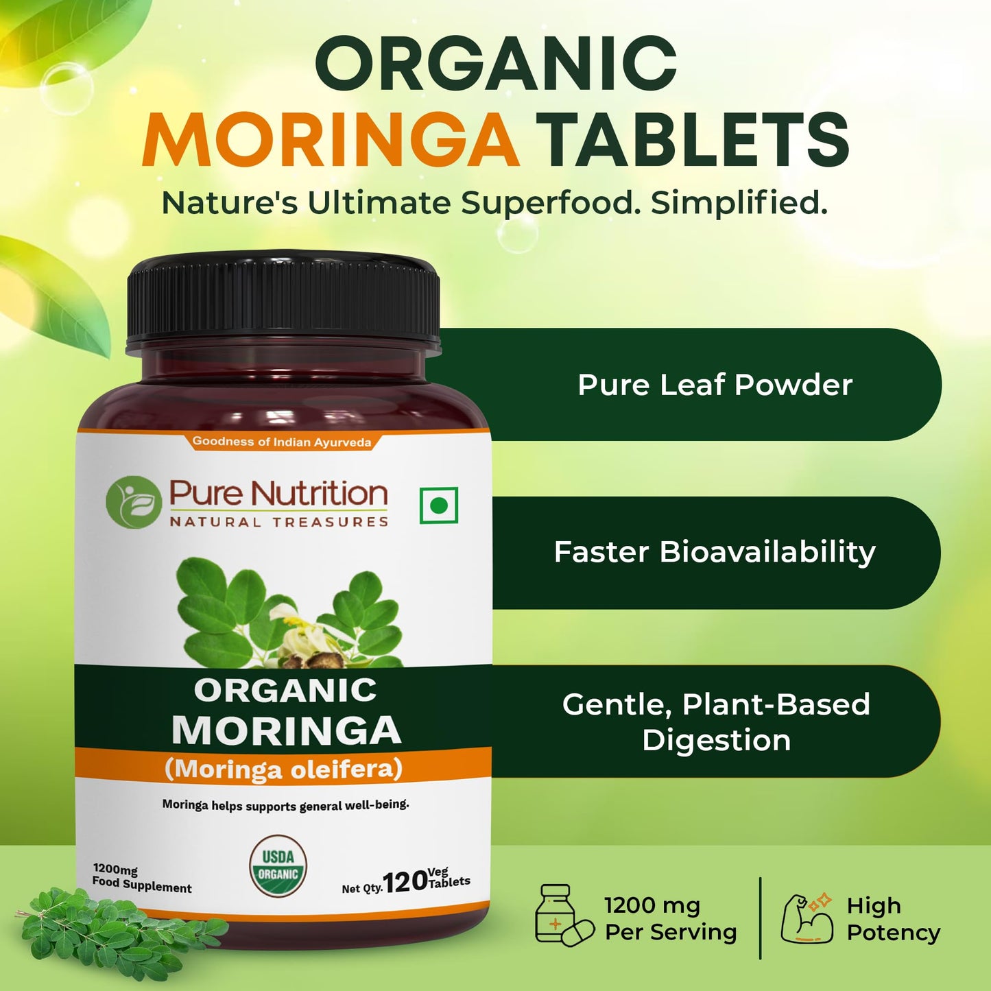 Pure Nutrition Natural Treasures Organic Moringa 1200mg Tablets, 120 Count