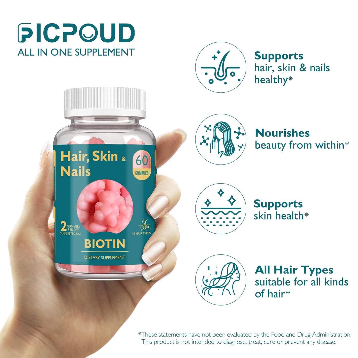 Ficpoud Hair Skin & Nails Biotin Gummies, 60 Count