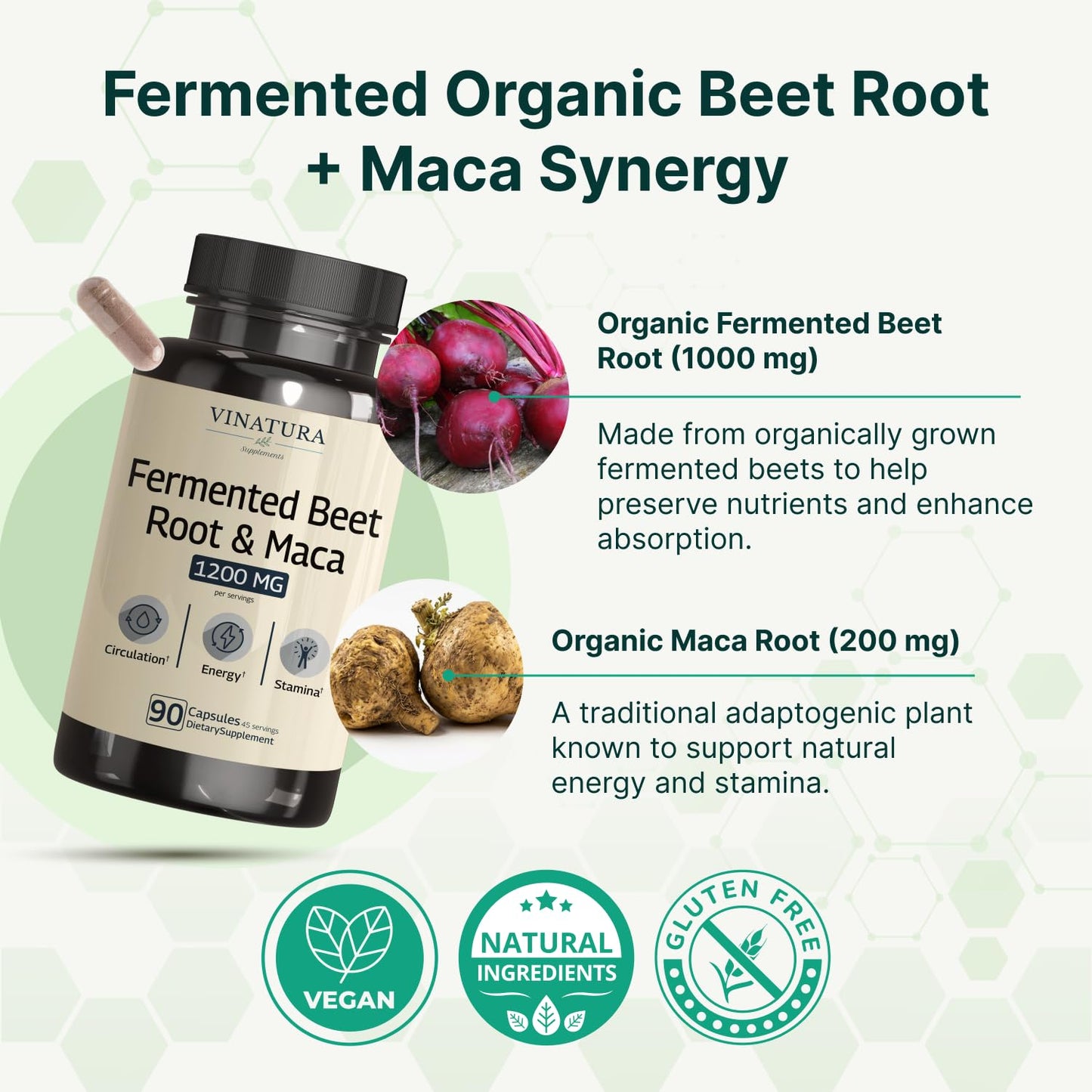VINATURA Organic Fermented Beet Root with Maca, 1200MG, 90 Capsules