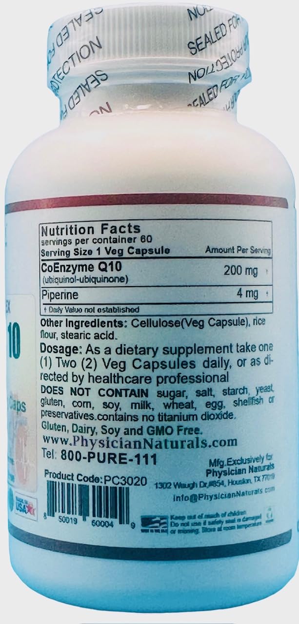 Physician Naturals Super CoQ10 Co-Enzyme with Piperine 200 mg, 60 Capsules