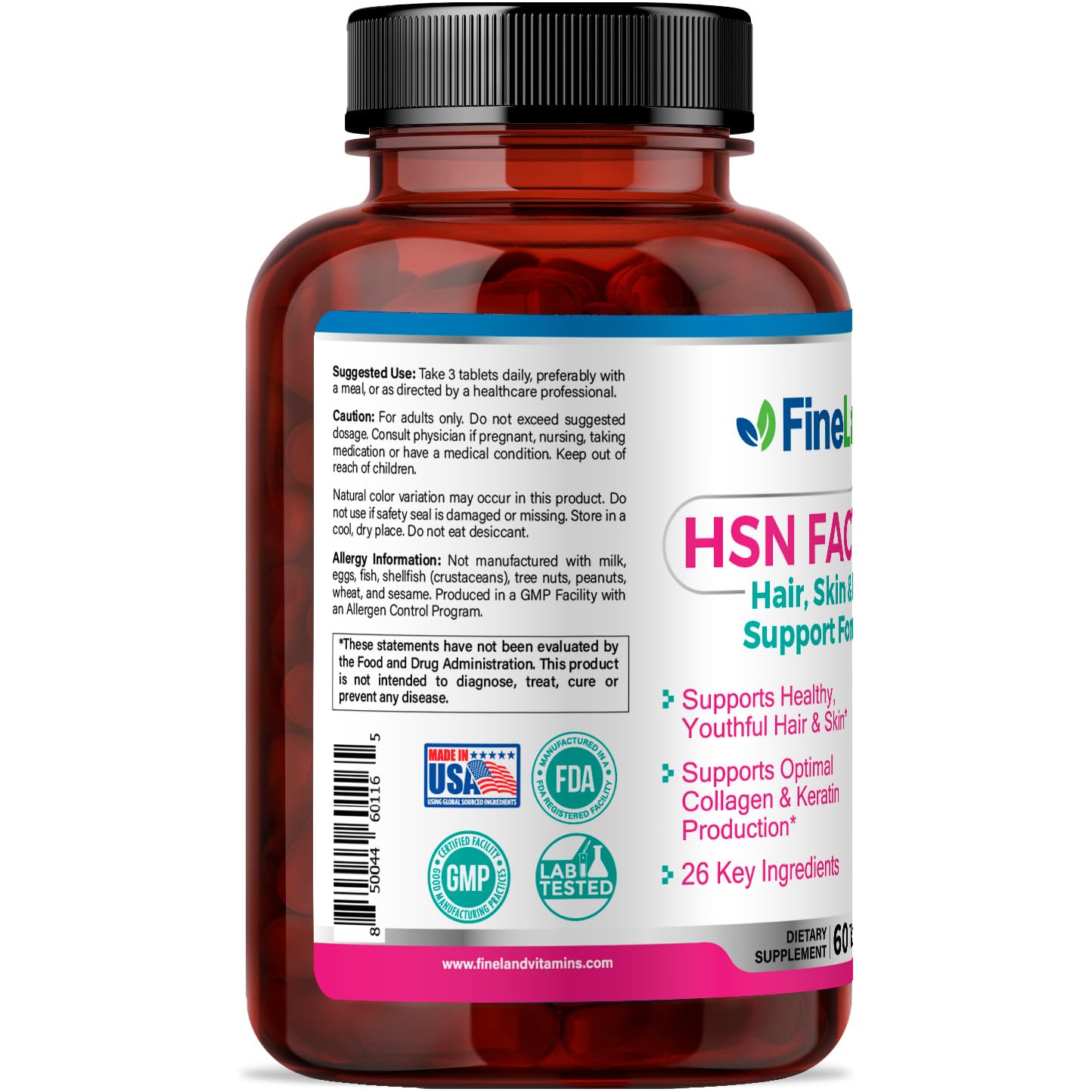 FineLand HSN Factors Hair Skin and Nails Support Formula – High Potency 10,000 mcg Biotin with Hydrolyzed Collagen & 26 Key Ingredients – Supports Natural Keratin Production & Radiant Skin Tablets, 60 Count