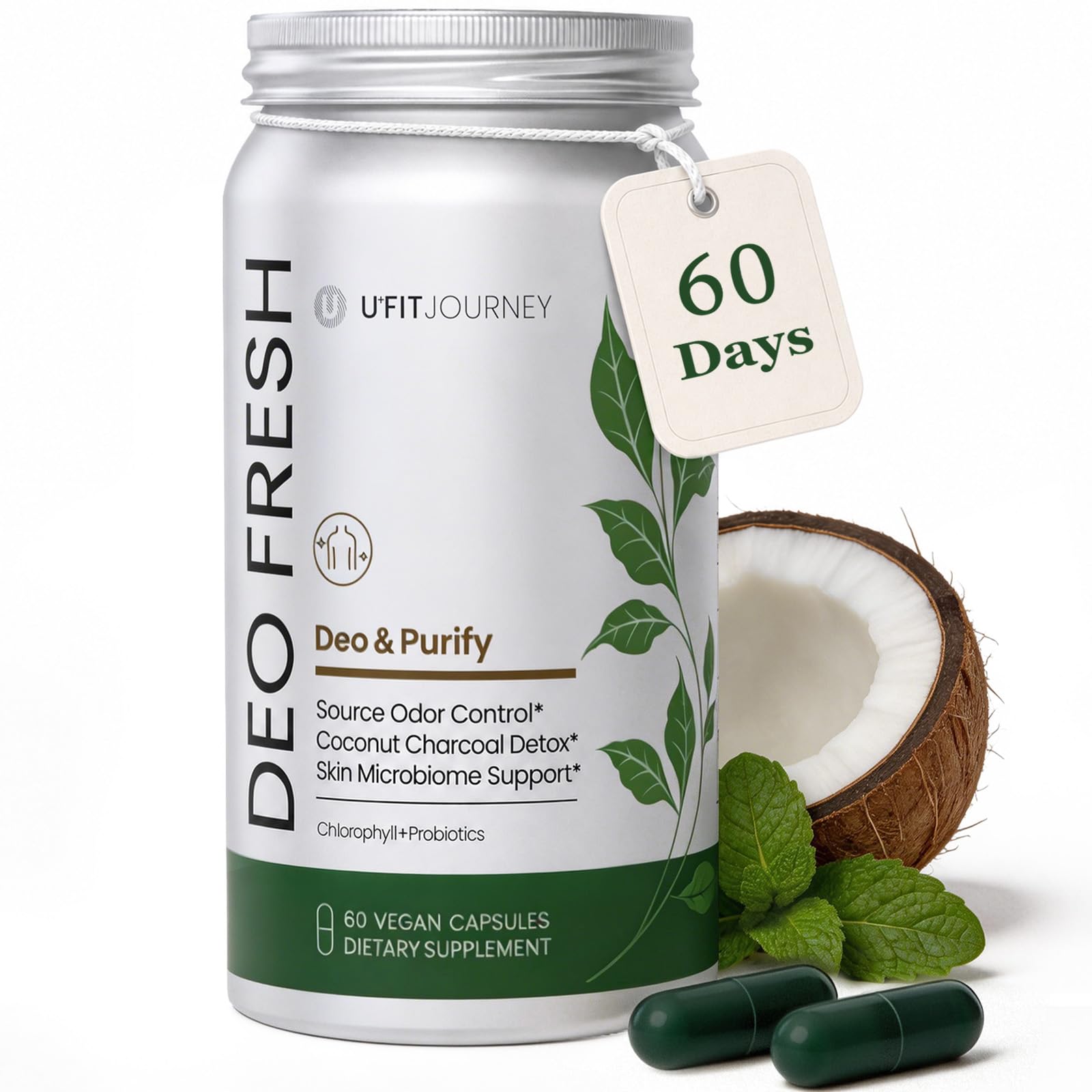 U+FITJOURNEY Deo Fresh Chlorophyll & Probiotic Full Body Deodorizing Capsule, 60 Count