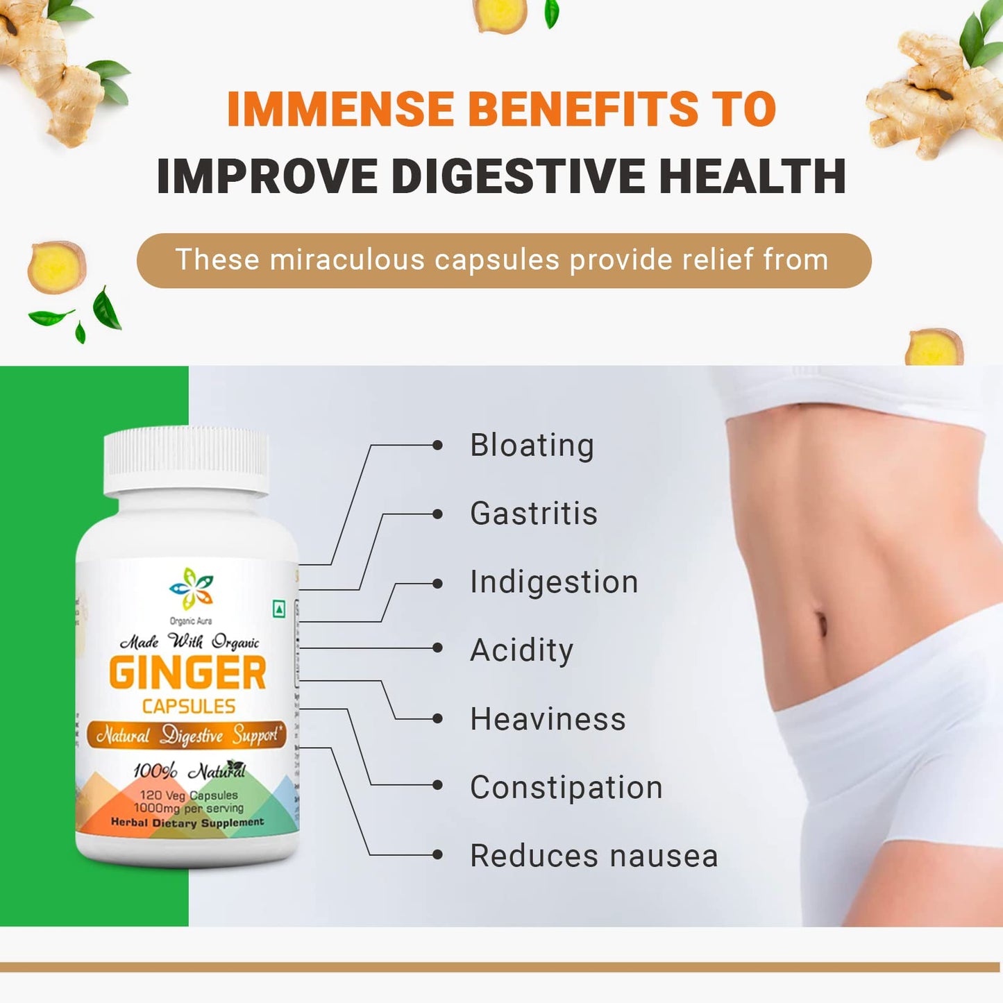 Organic Aura International Ginger Capsules 120 Veg Capsules