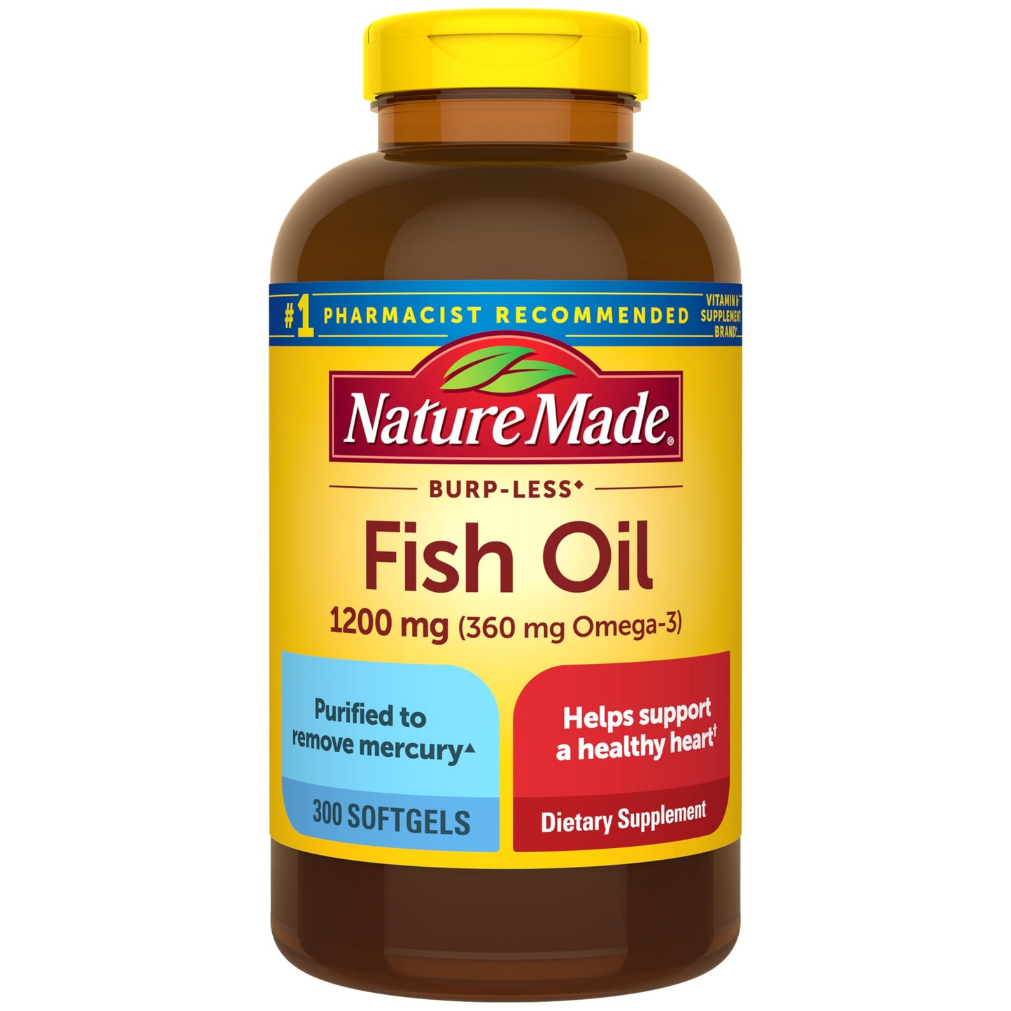 Nature Made Burp Less Fish Oil Omega 3 1200 mg Softgels, 300 Count