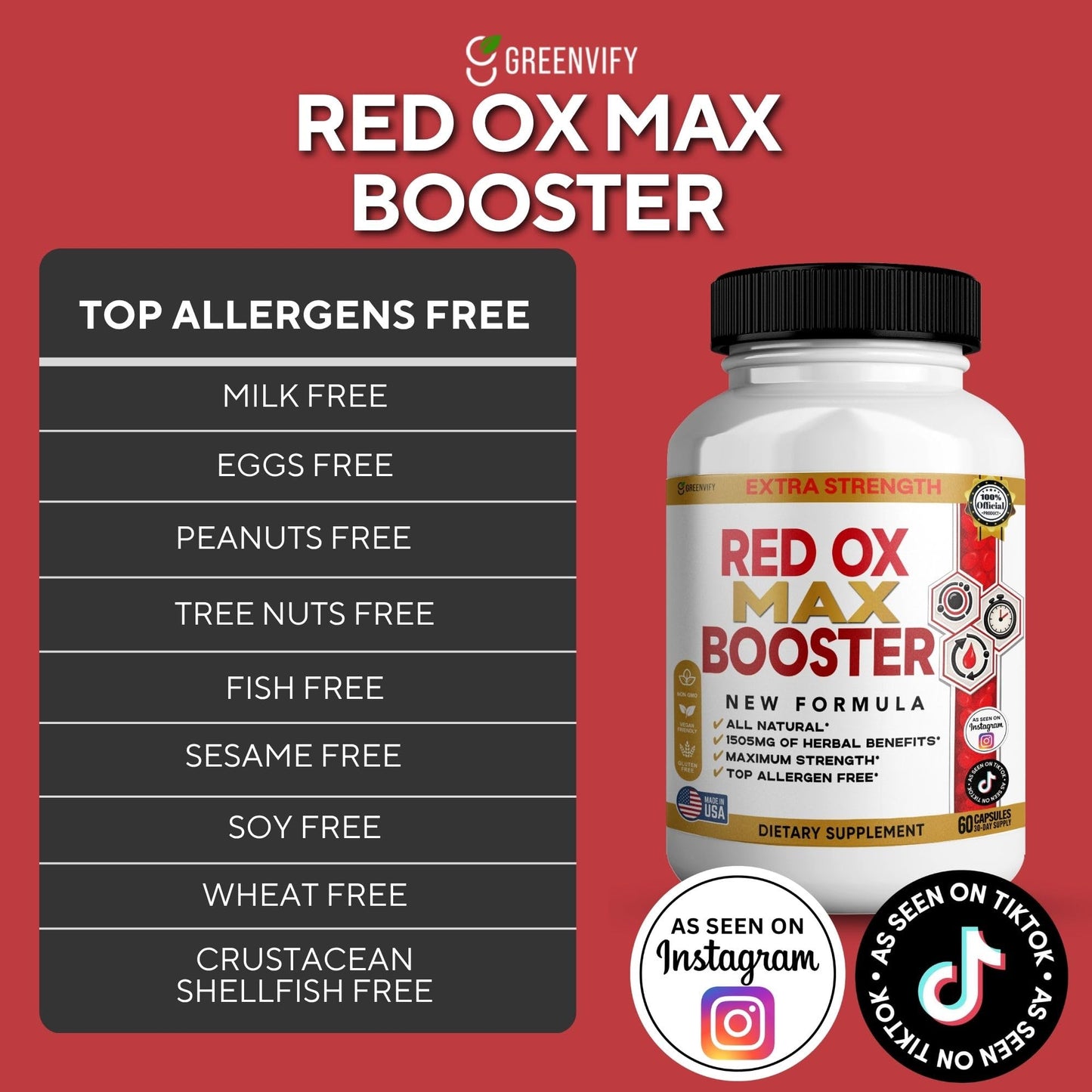 GREENVIFY Red Ox Max Booster Dietary Supplement, Organic Maca Root, 60 Capsules