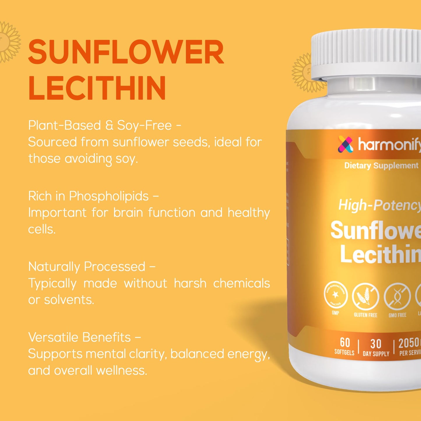 HARMONIFY Sunflower Lecithin Wellness Supplement 2050 mg High-Potency, Non-GMO & Gluten-Free, 60 Softgels