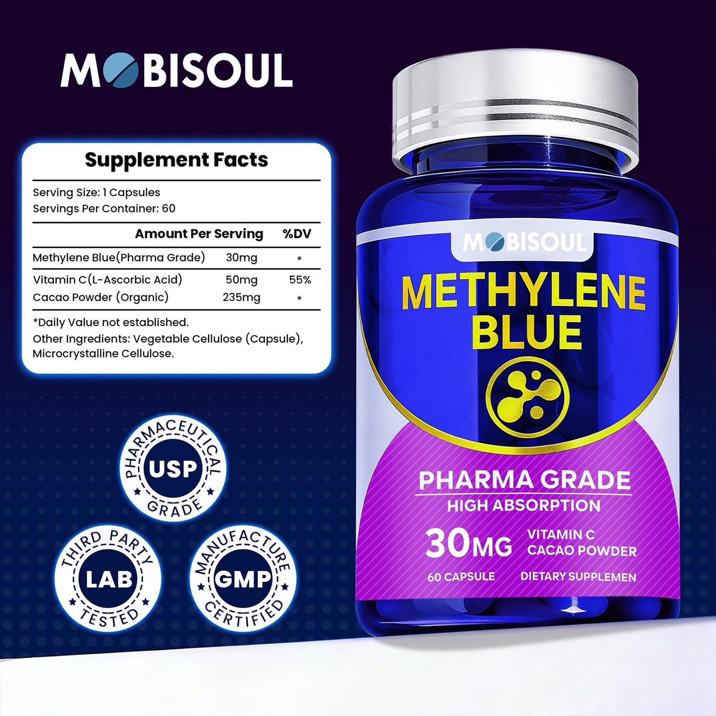 MOBISOUL Methylene Blue 30mg Capsules, USP Pharma Grade Methylene Blue Supplement with Vitamin C & Organic Cacao, High Absorption Support, 60 Capsules