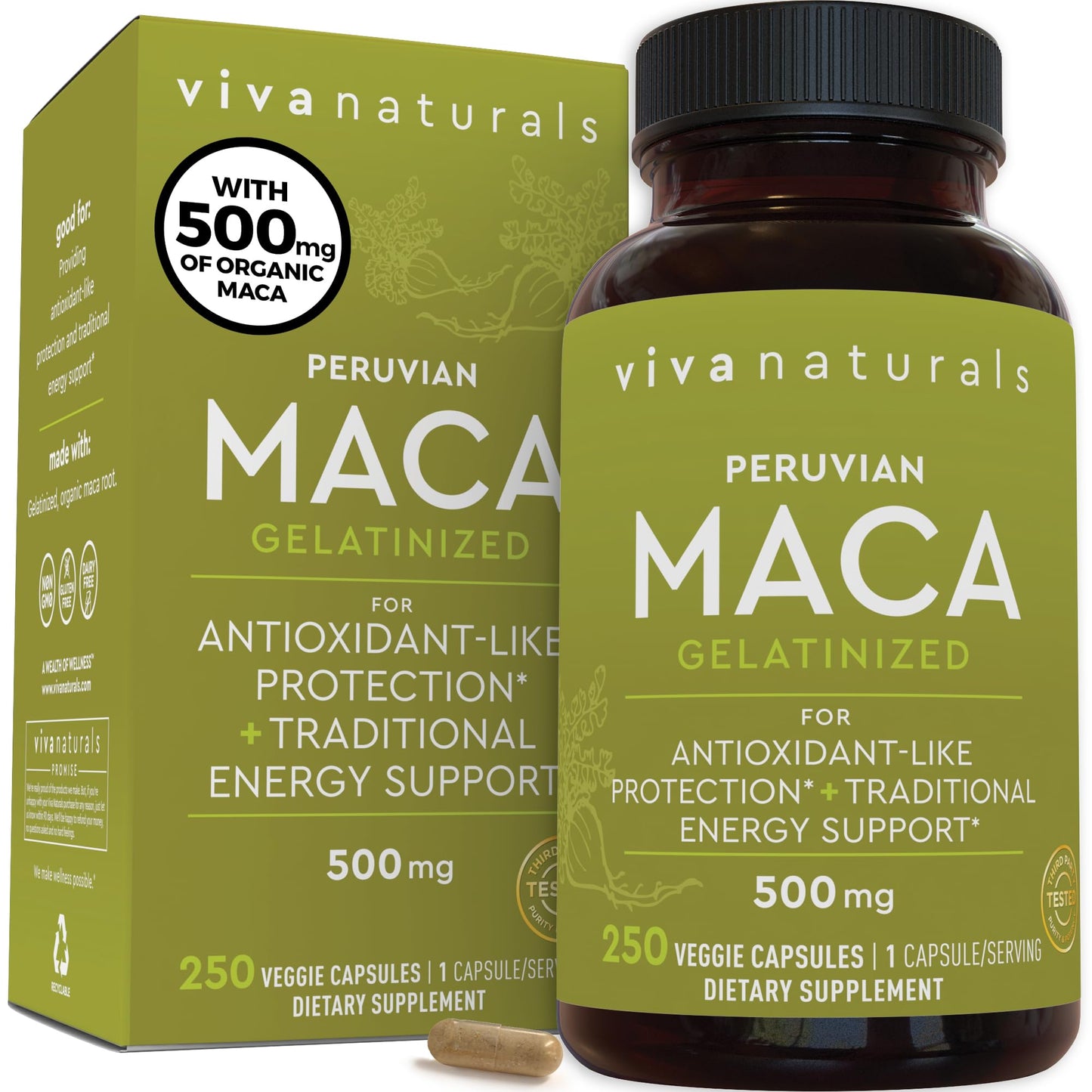 Viva Naturals Peruvian Maca Root Supplement 500mg Capsules 250 Count