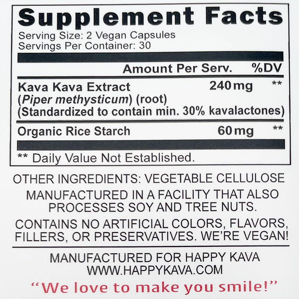 HAPPY KAVA 30% Kavalactone Kava Extract Capsules, 60 Capsules