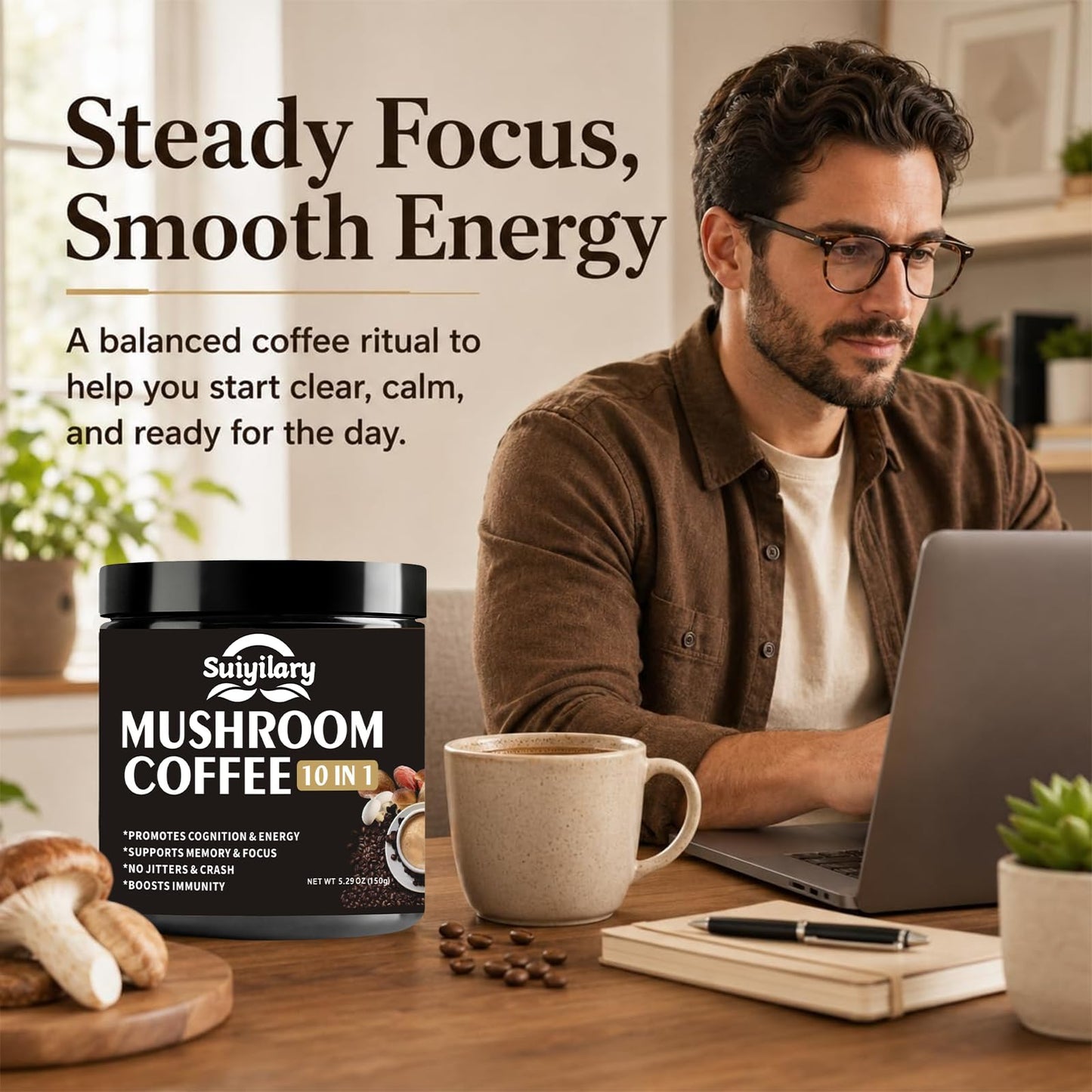 Suiyilary Mushroom Coffee Powder 5.3 oz - 10-Mushroom Extract Blend (Lion's Mane, Reishi, Chaga, Cordyceps, Turkey Tail)